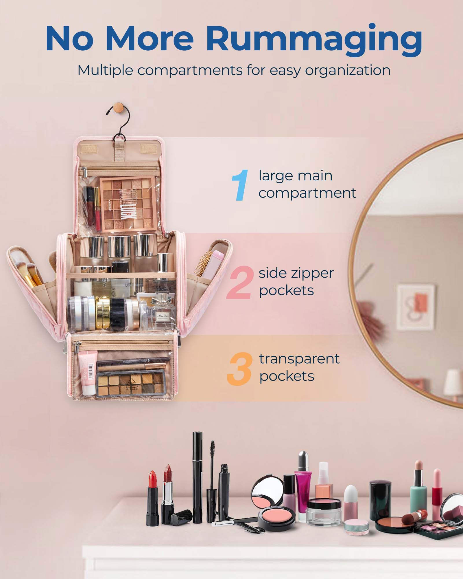 BAGSMART large-capacity makeup bag keeping cosmetics organized during trips