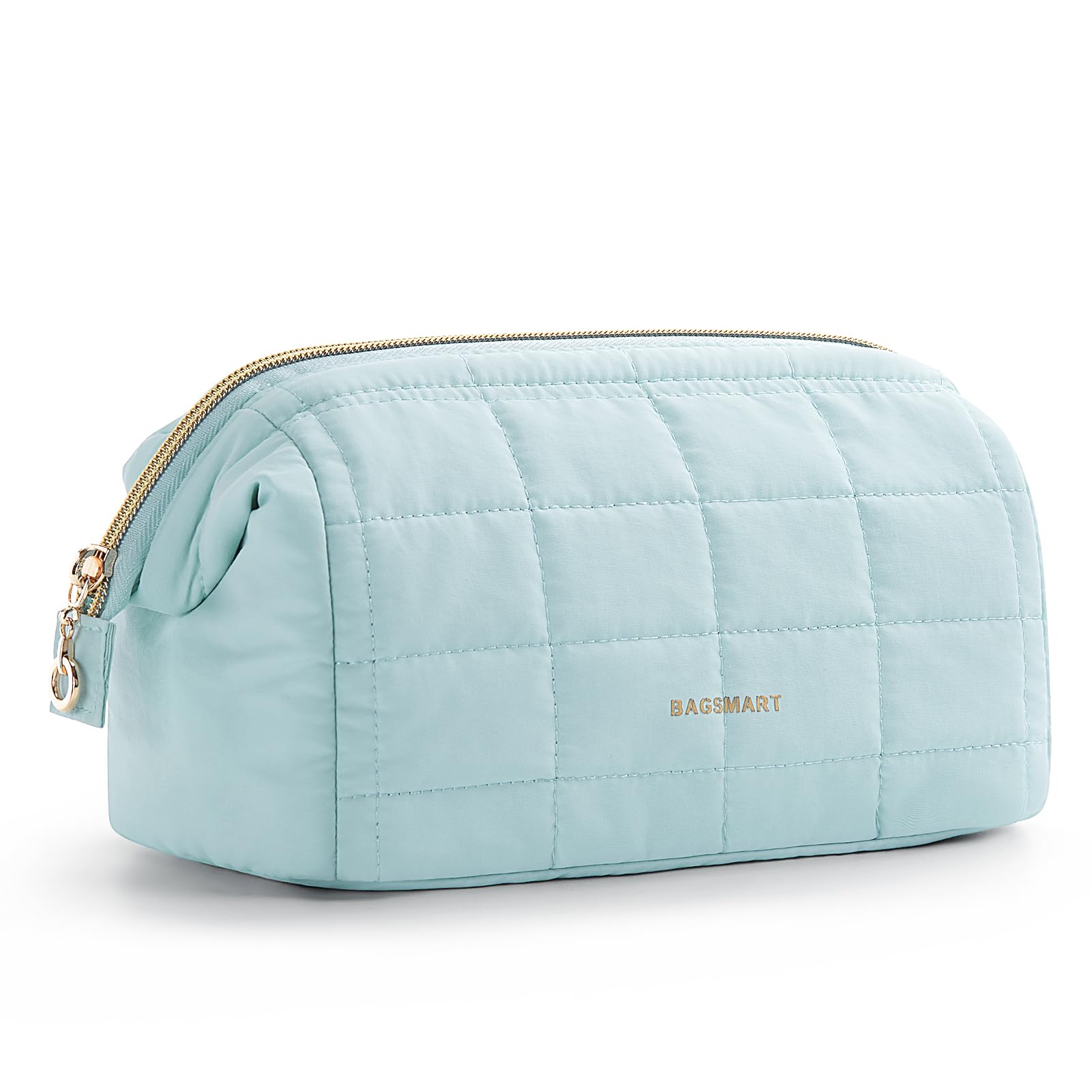 BAGSMART Makeup Bag Light Blue with wide opening for quick access to cosmetics on the go