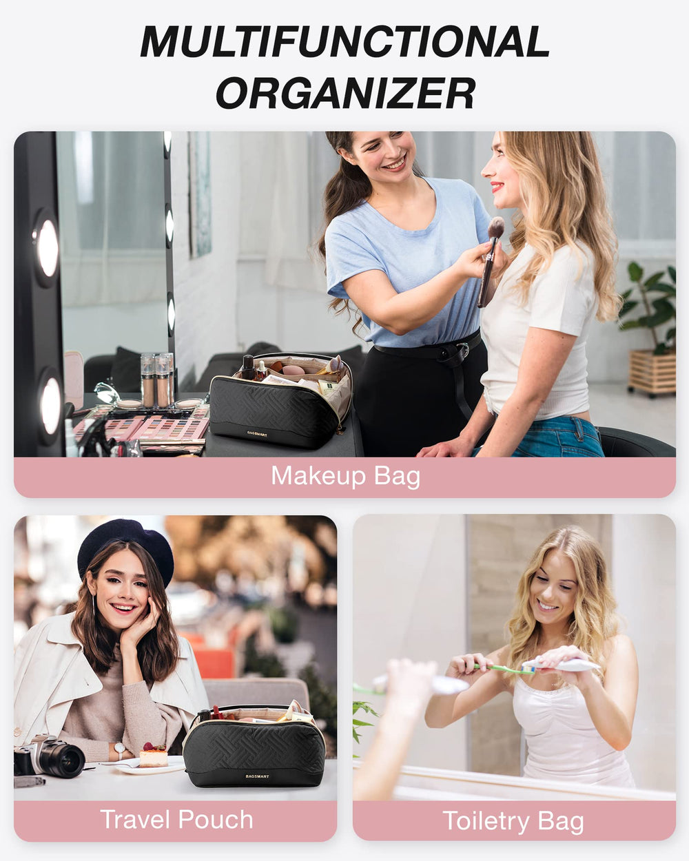 BAGSMART makeup bag multipurpose travel bag serves as cosmetic and toiletry organizer.