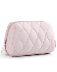 BAGSMART makeup bag pink fabric close-up showing soft padding for travel.