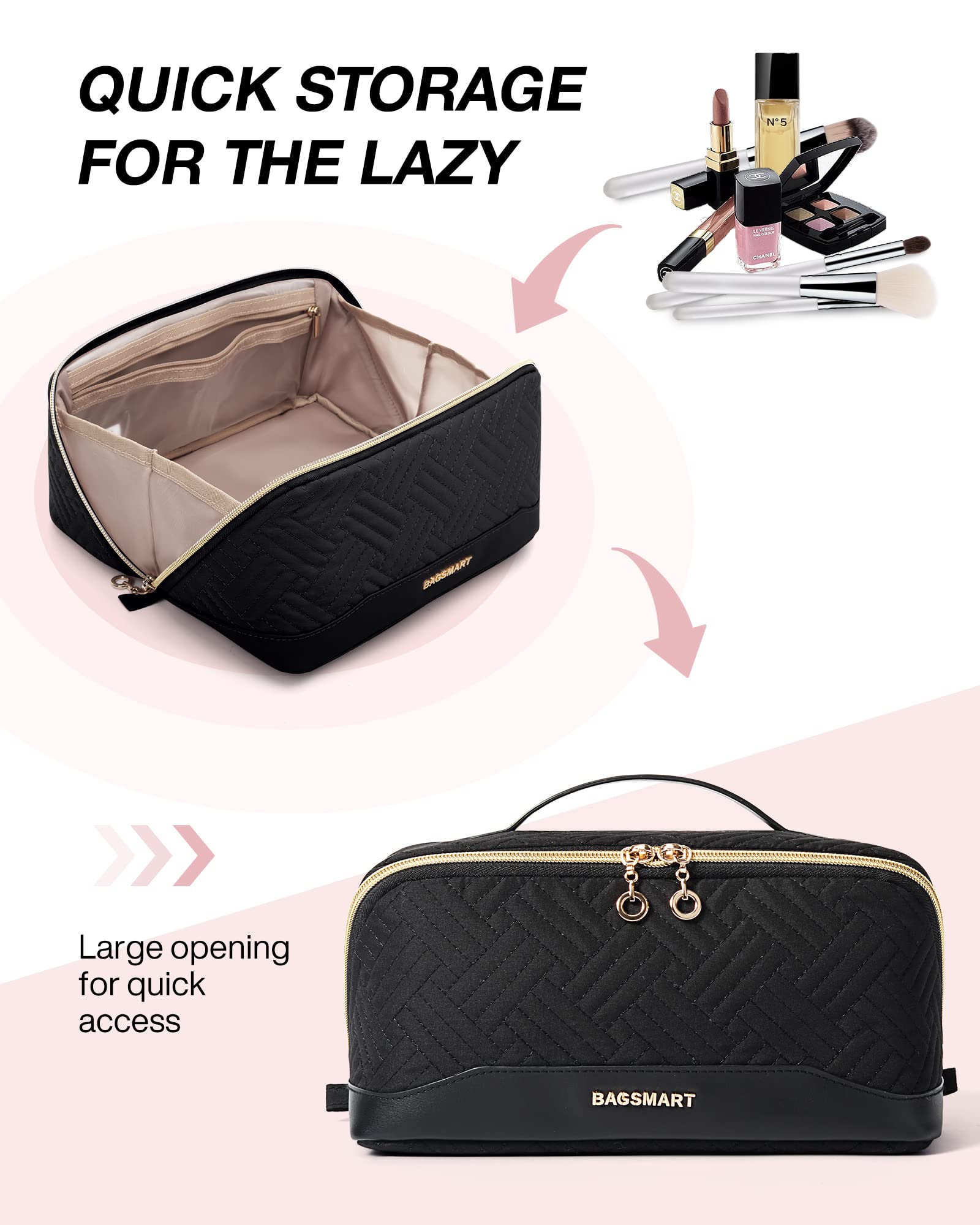 BAGSMART makeup bag PVC dirt-proof pocket keeps brushes clean.