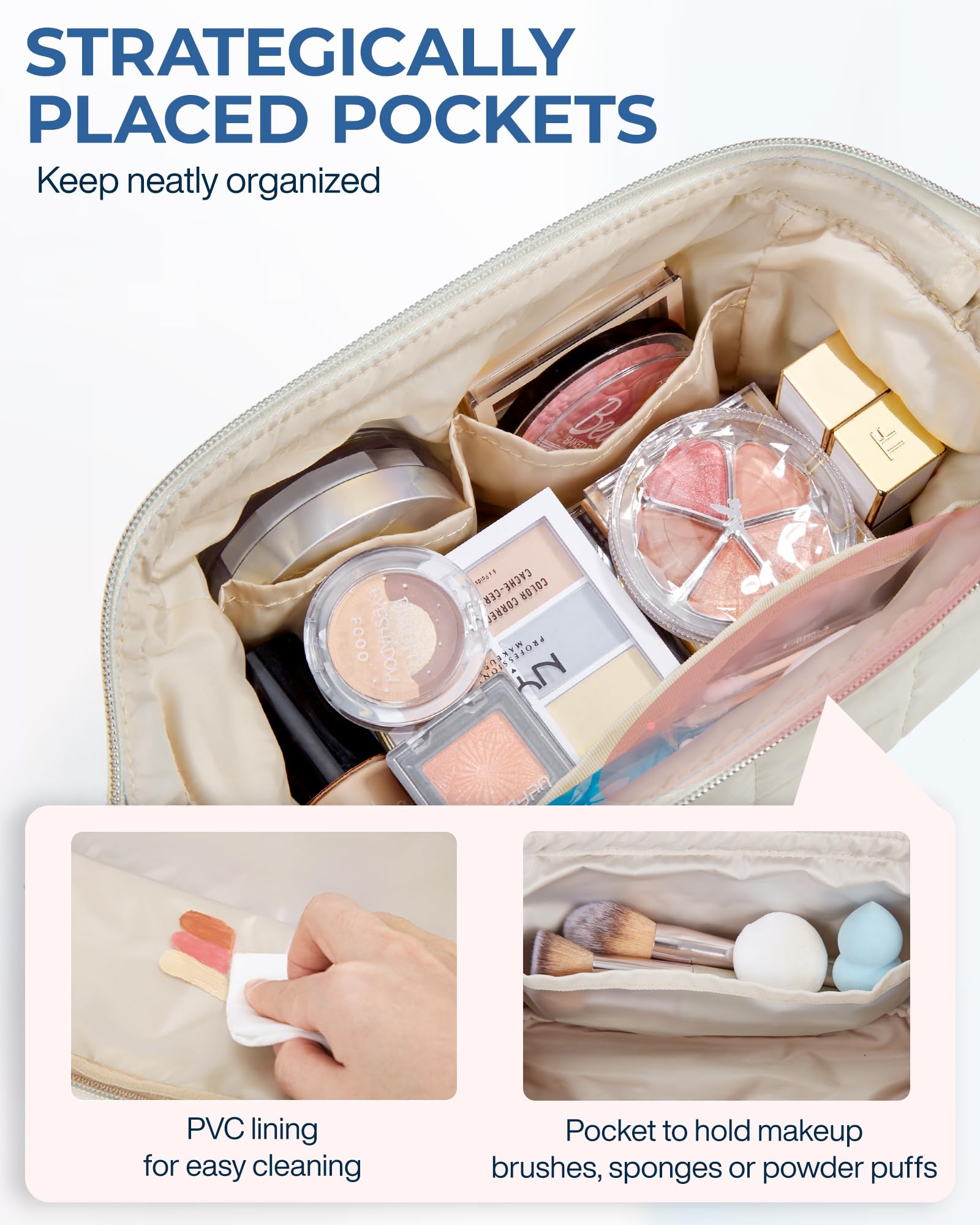 BAGSMART makeup bag PVC-lined pocket illustrates spill containment for brushes and liquids.