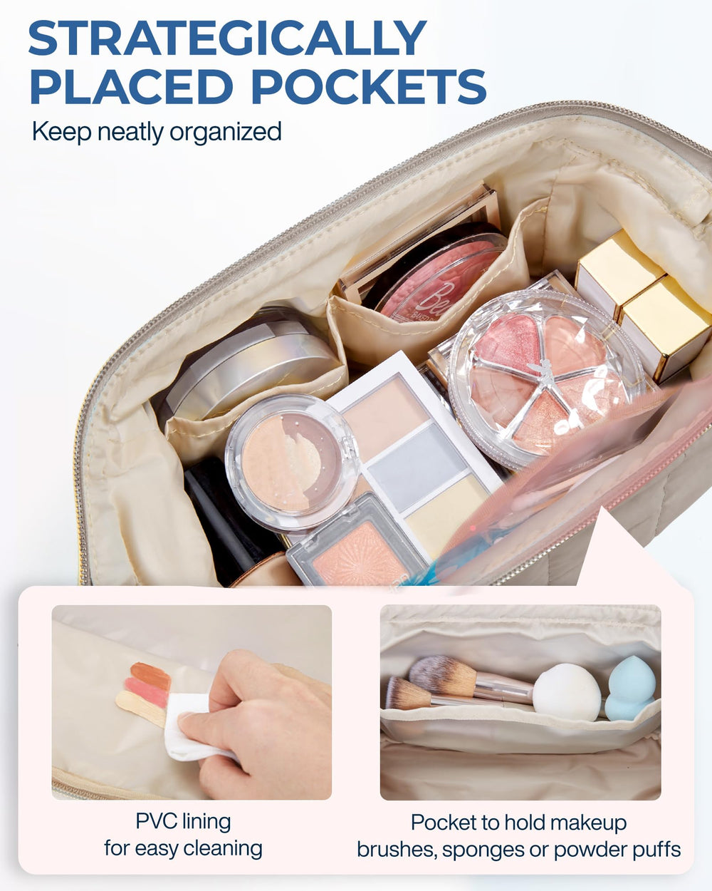 BAGSMART makeup bag PVC-lined pocket protects brushes and keeps cosmetics tidy