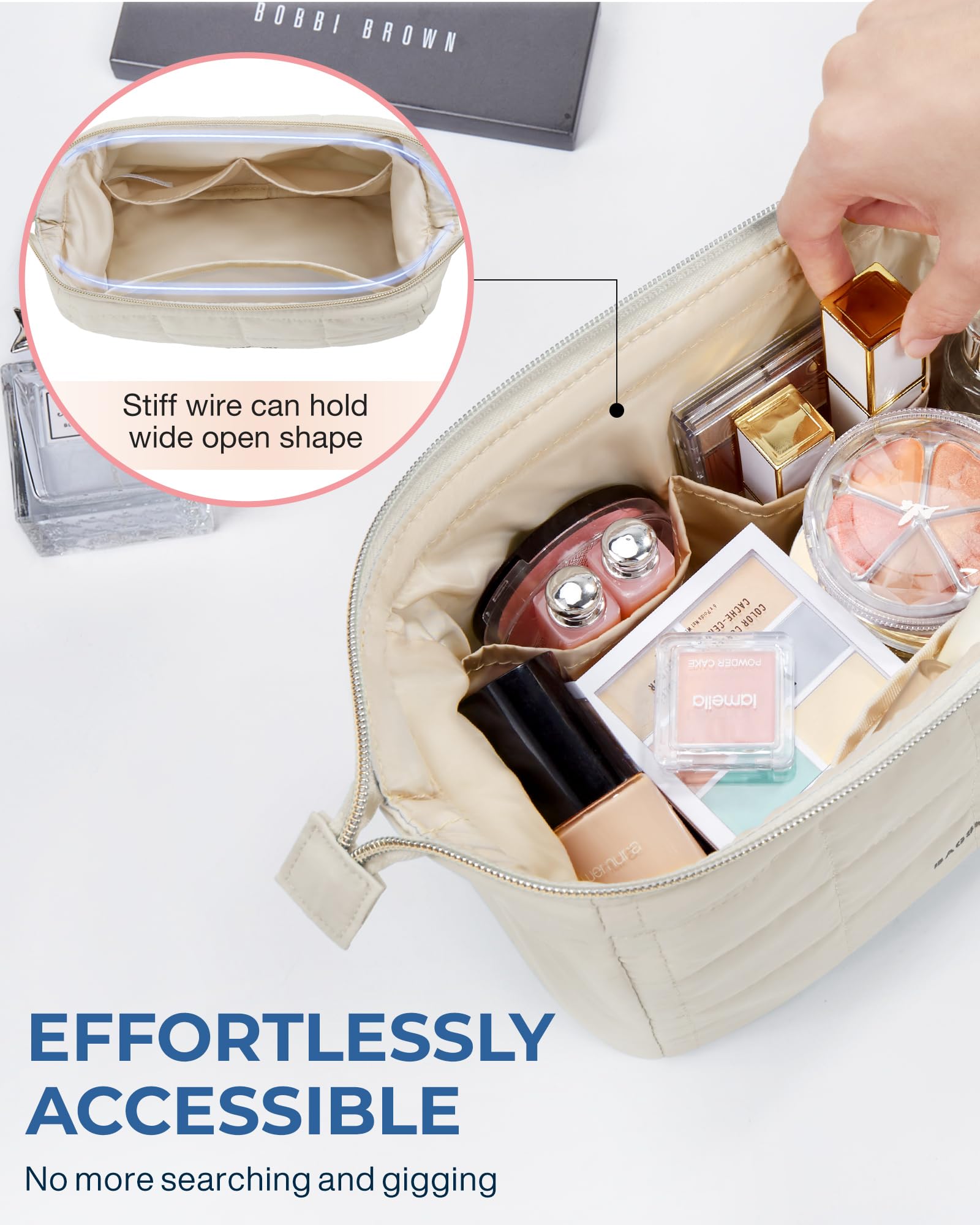 BAGSMART makeup bag rectangular quilted beige demonstrates a structured travel silhouette.