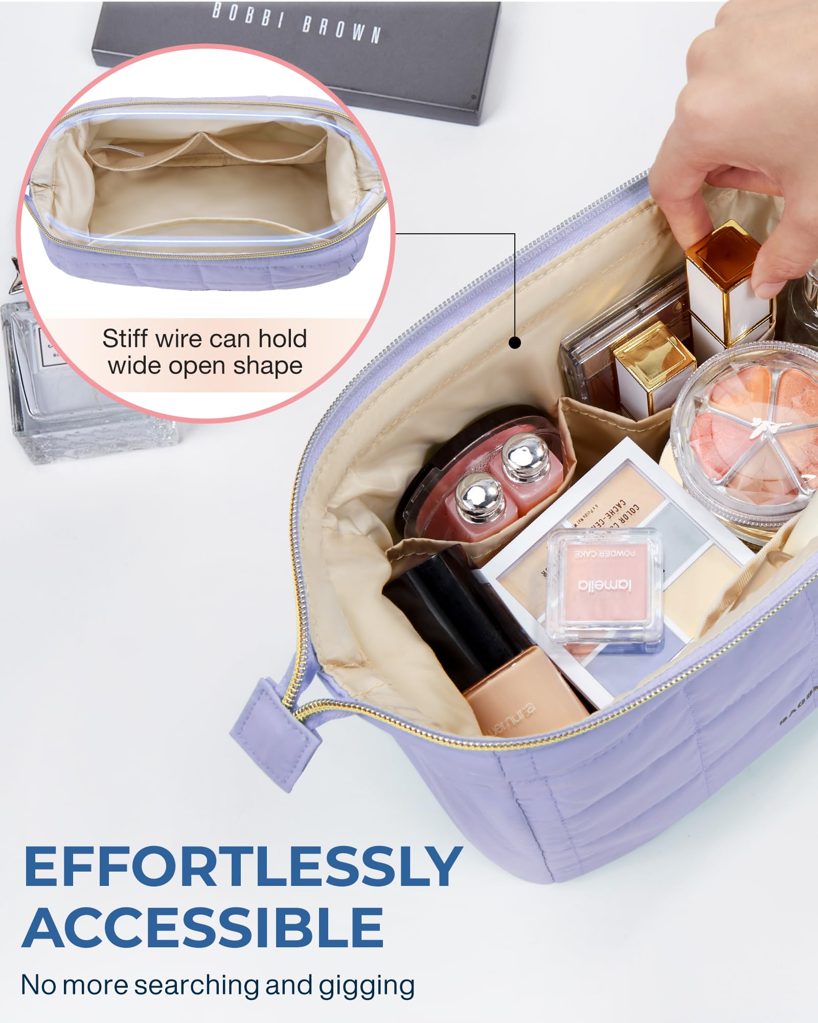 BAGSMART makeup bag rectangular quilted purple showcases organized travel storage.