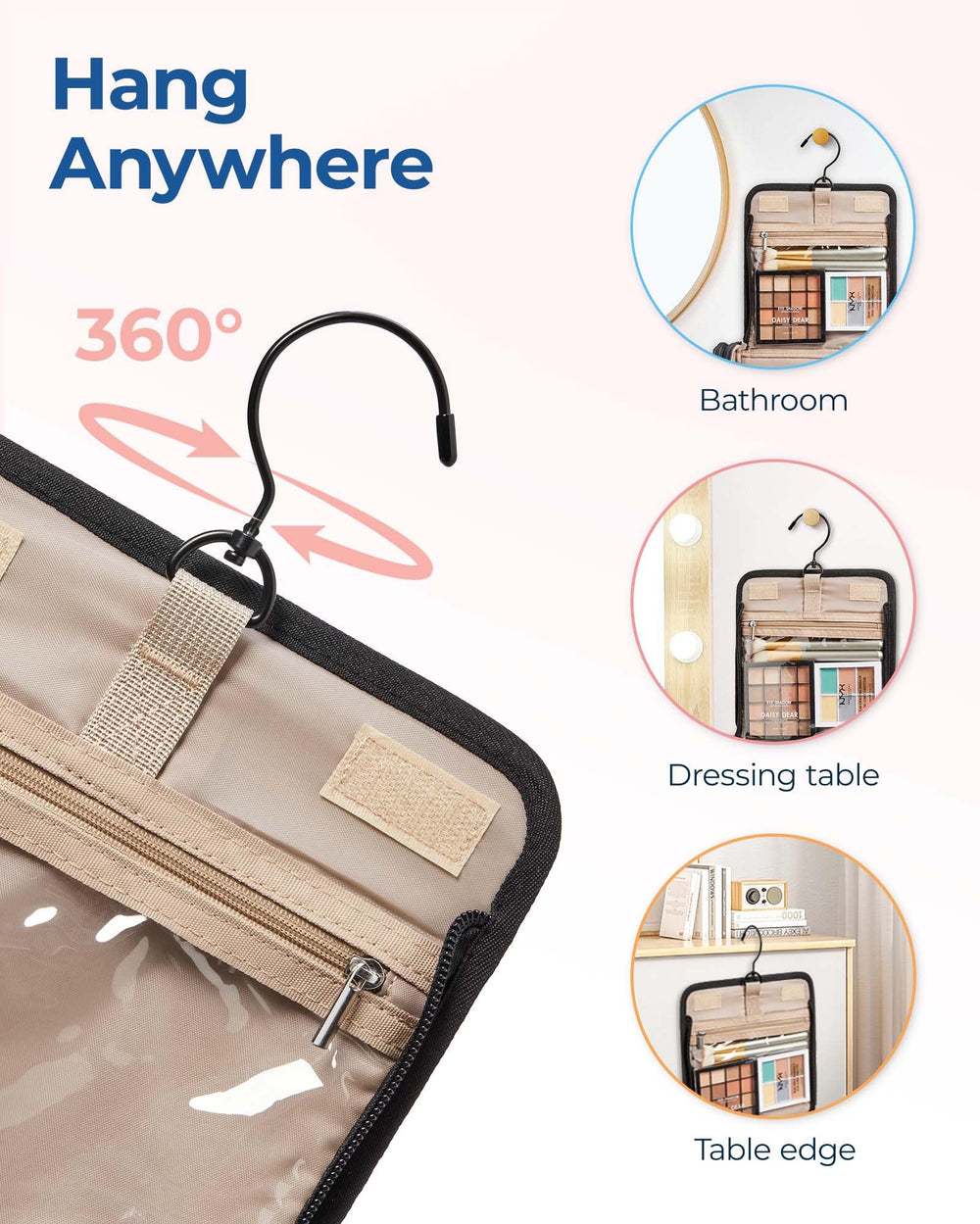 BAGSMART makeup bag transparent pockets provide quick visibility for small items.