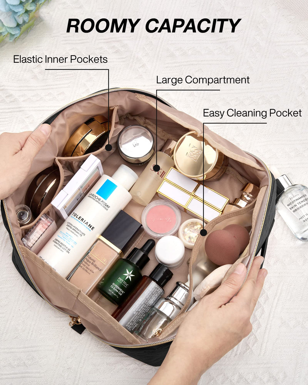 BAGSMART makeup bag water-resistant quilted fabric protects contents.