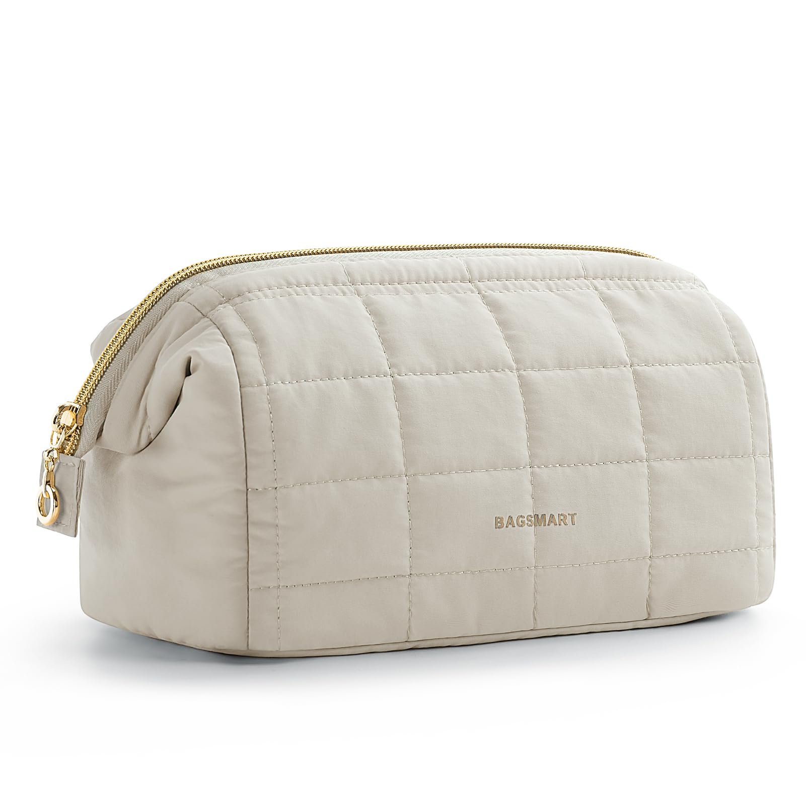 BAGSMART makeup bag wide open in beige shows easy access to cosmetics on the go.