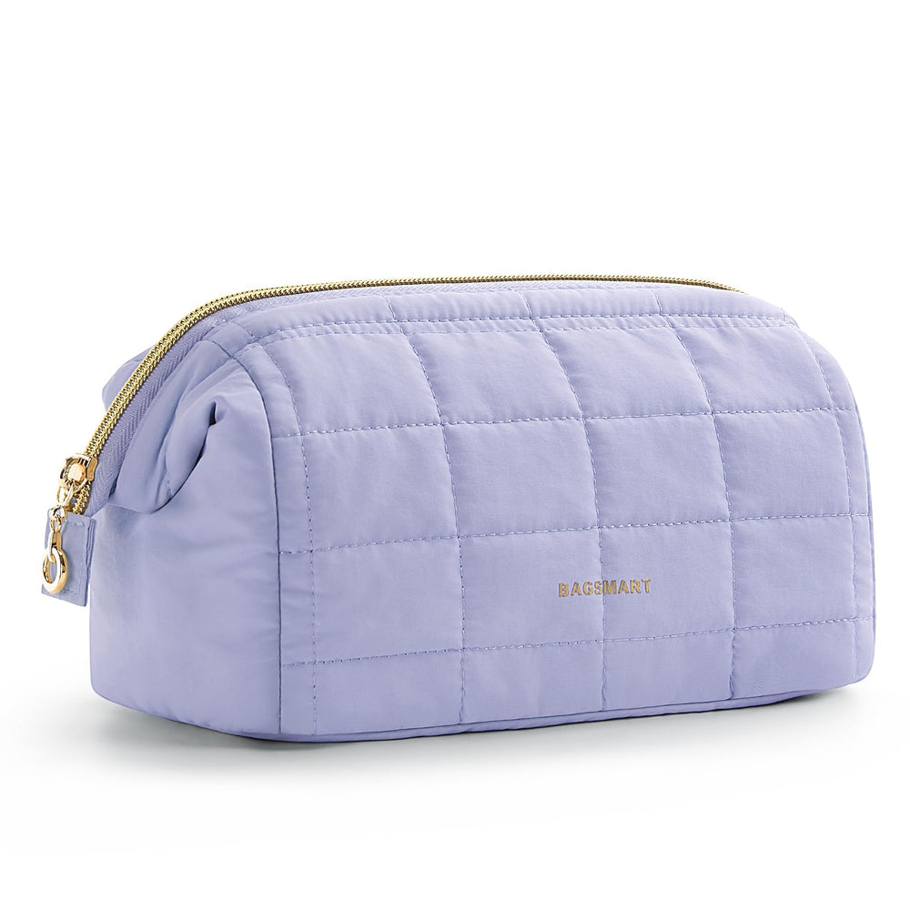 BAGSMART makeup bag wide-open purple enables quick access for on-the-go touch-ups.