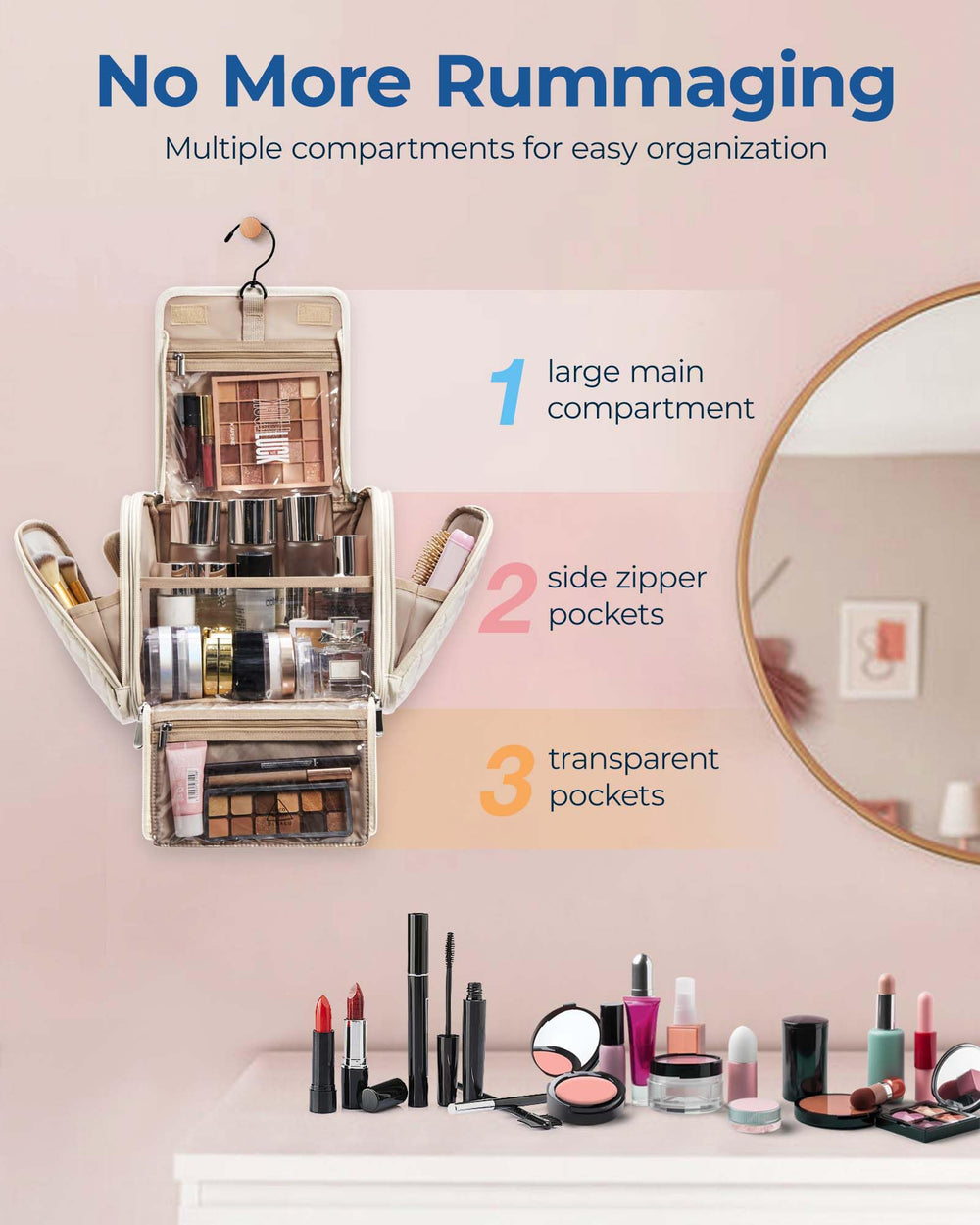 BAGSMART makeup organizer main compartment shows spacious storage for cosmetics.