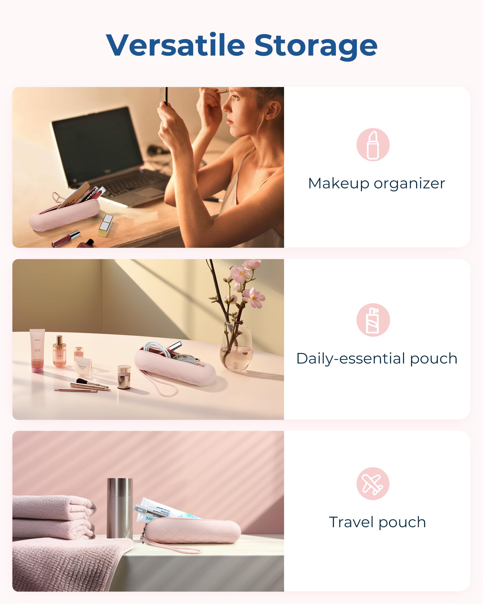BAGSMART Pink makeup brush bag design adds chic, portable storage for on-the-go routines.