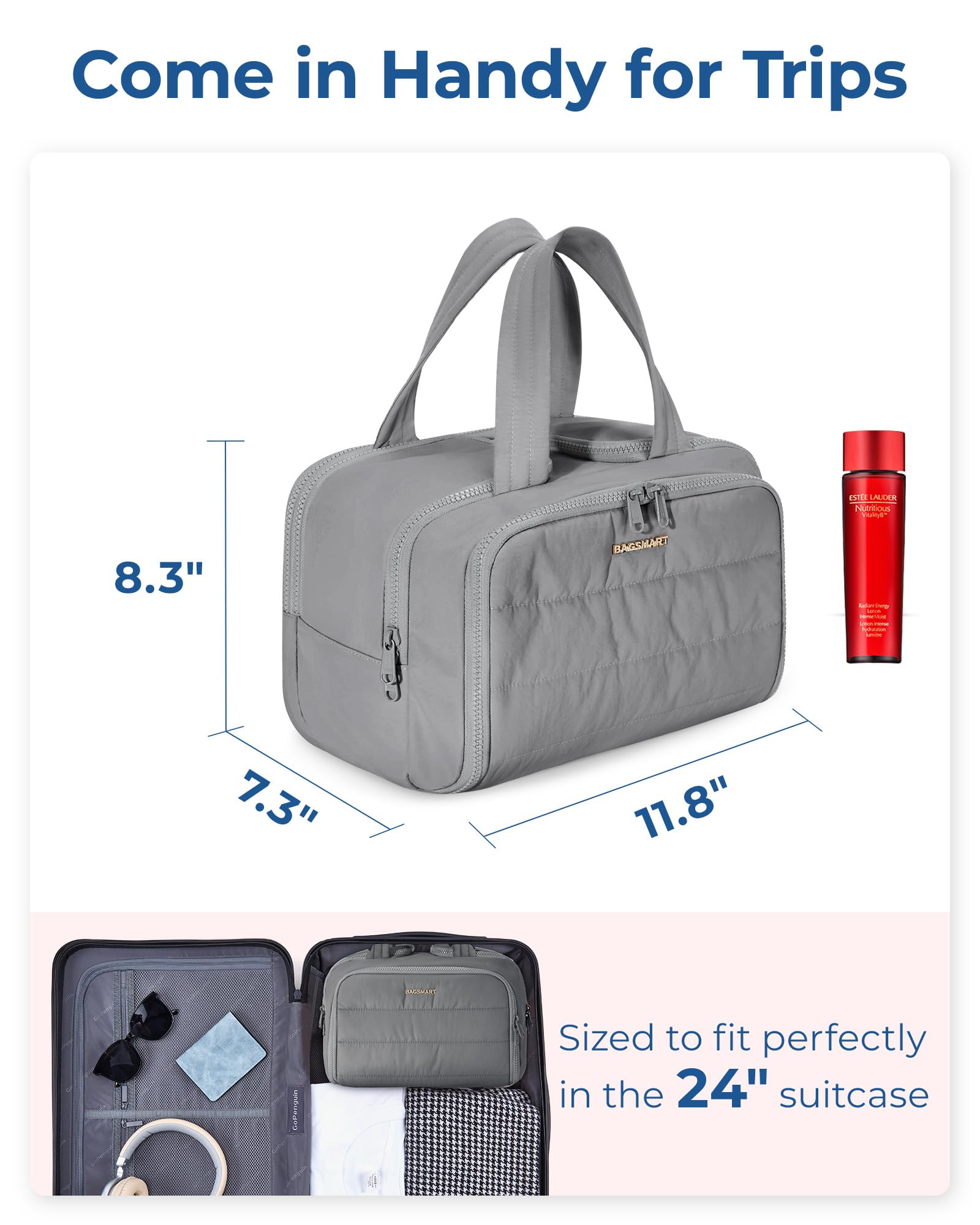 BAGSMART Puffy cosmetic bag grey shows soft Taslan fabric texture for everyday use.
