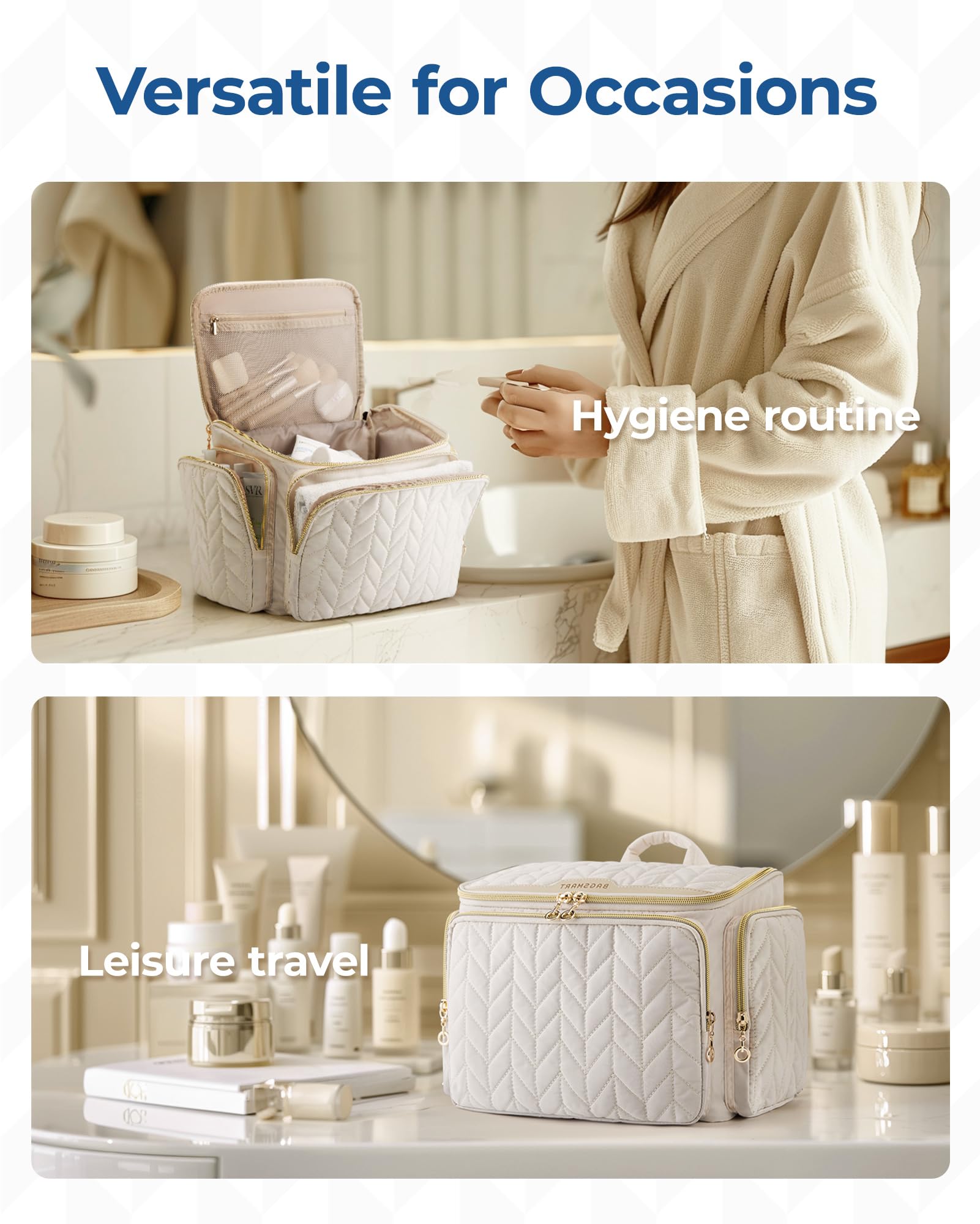 BagSmart puffy-material toiletry bag with soft nylon texture for comfortable carry.