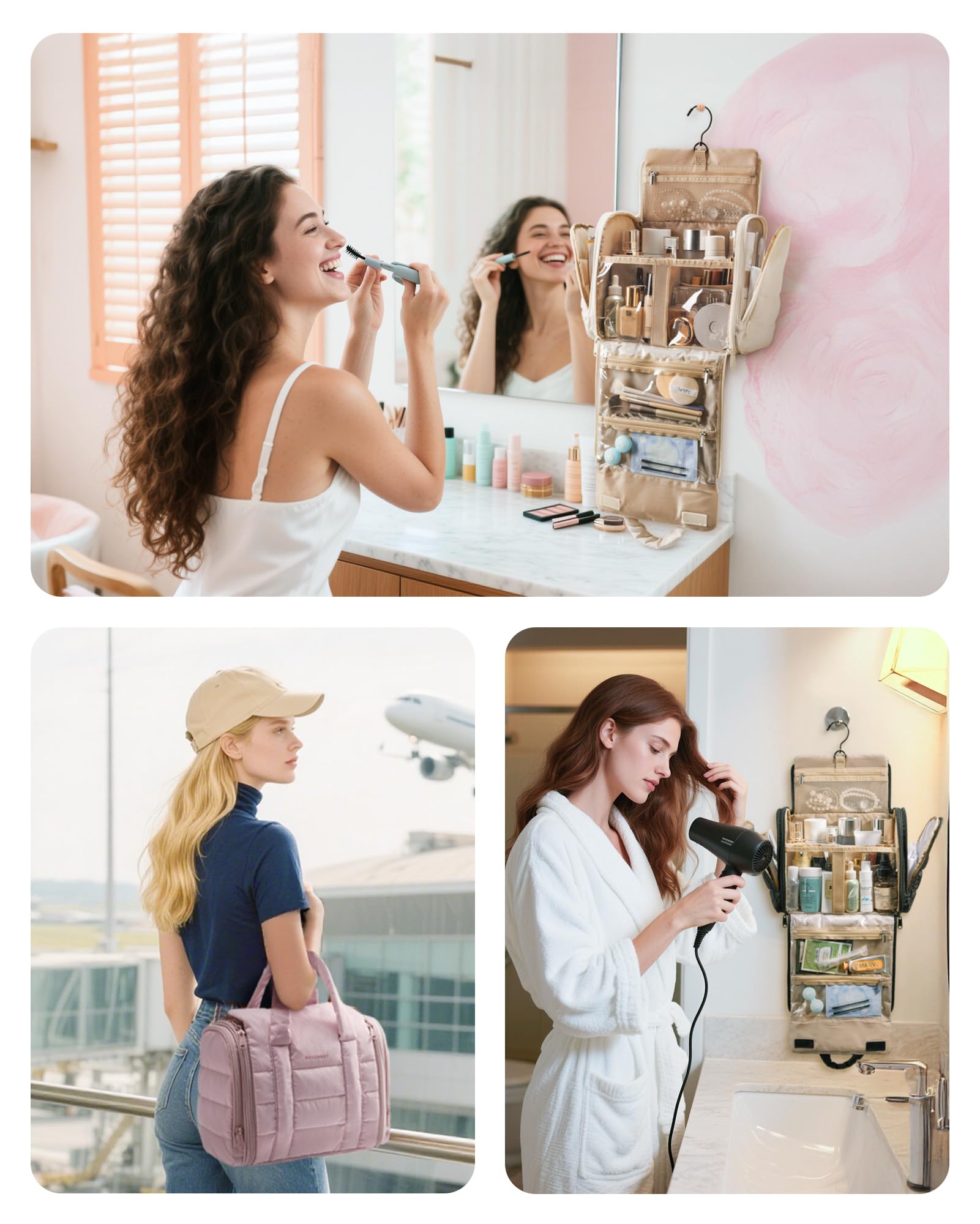 BAGSMART Puffy Travel Makeup Bag soft plush fabric adds gentle protection.