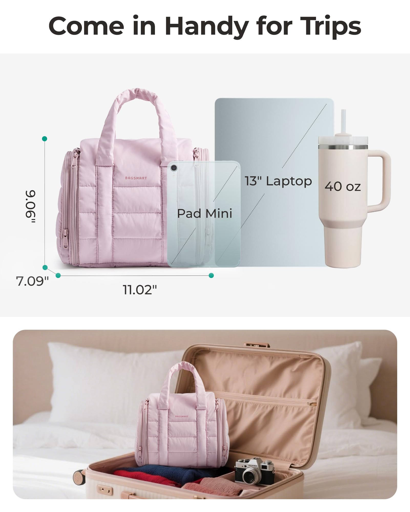 BAGSMART Puffy Travel Makeup Bag 360-degree swivel hook enables versatile hanging options.