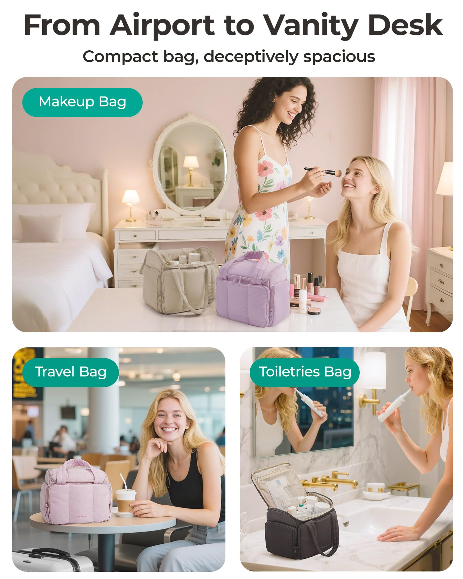 BAGSMART Puffy Travel Toiletry Bag dry-side pockets protect razors and toothbrushes.
