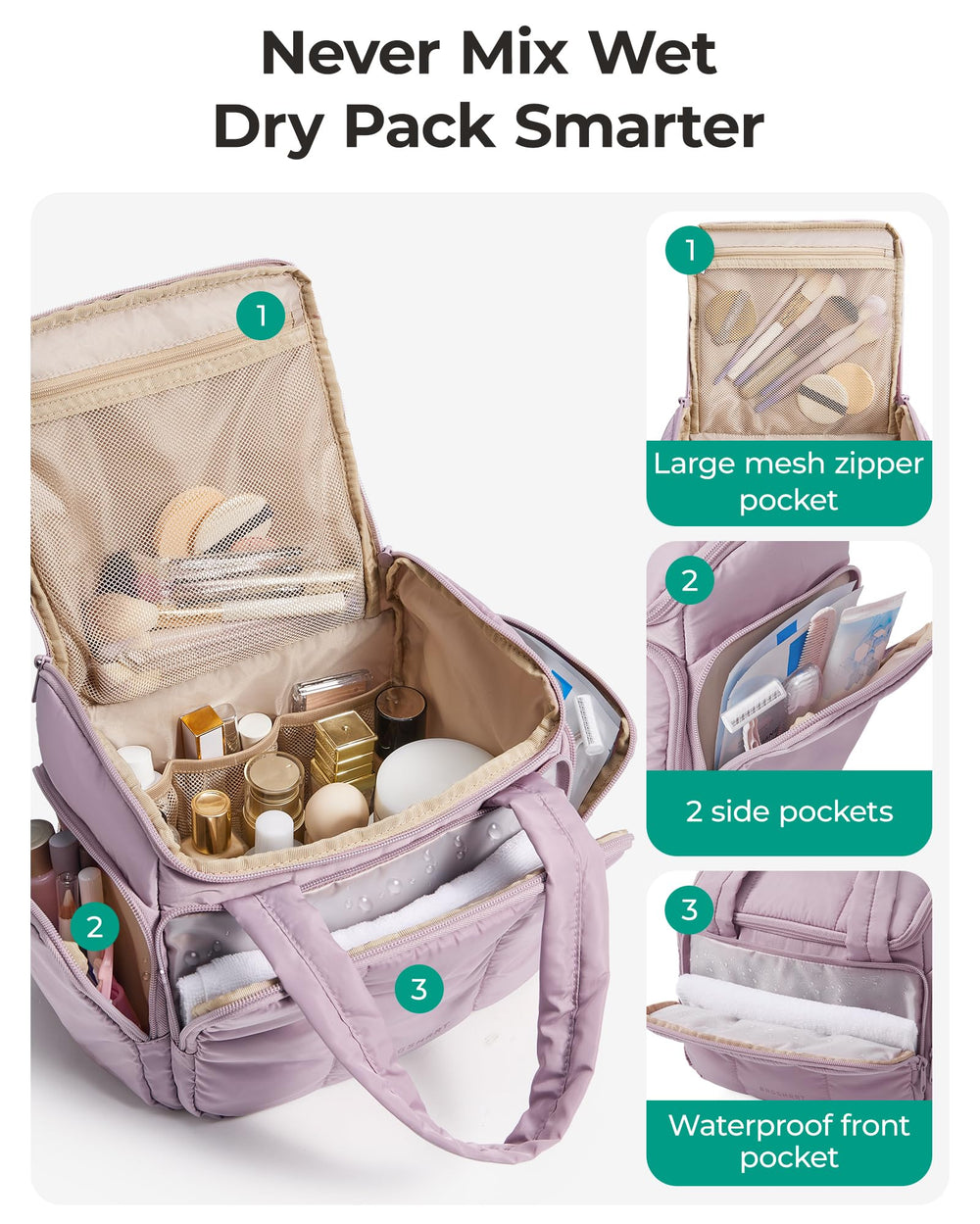 BAGSMART Puffy Travel Toiletry Bag interior mesh pockets organize cosmetics neatly.