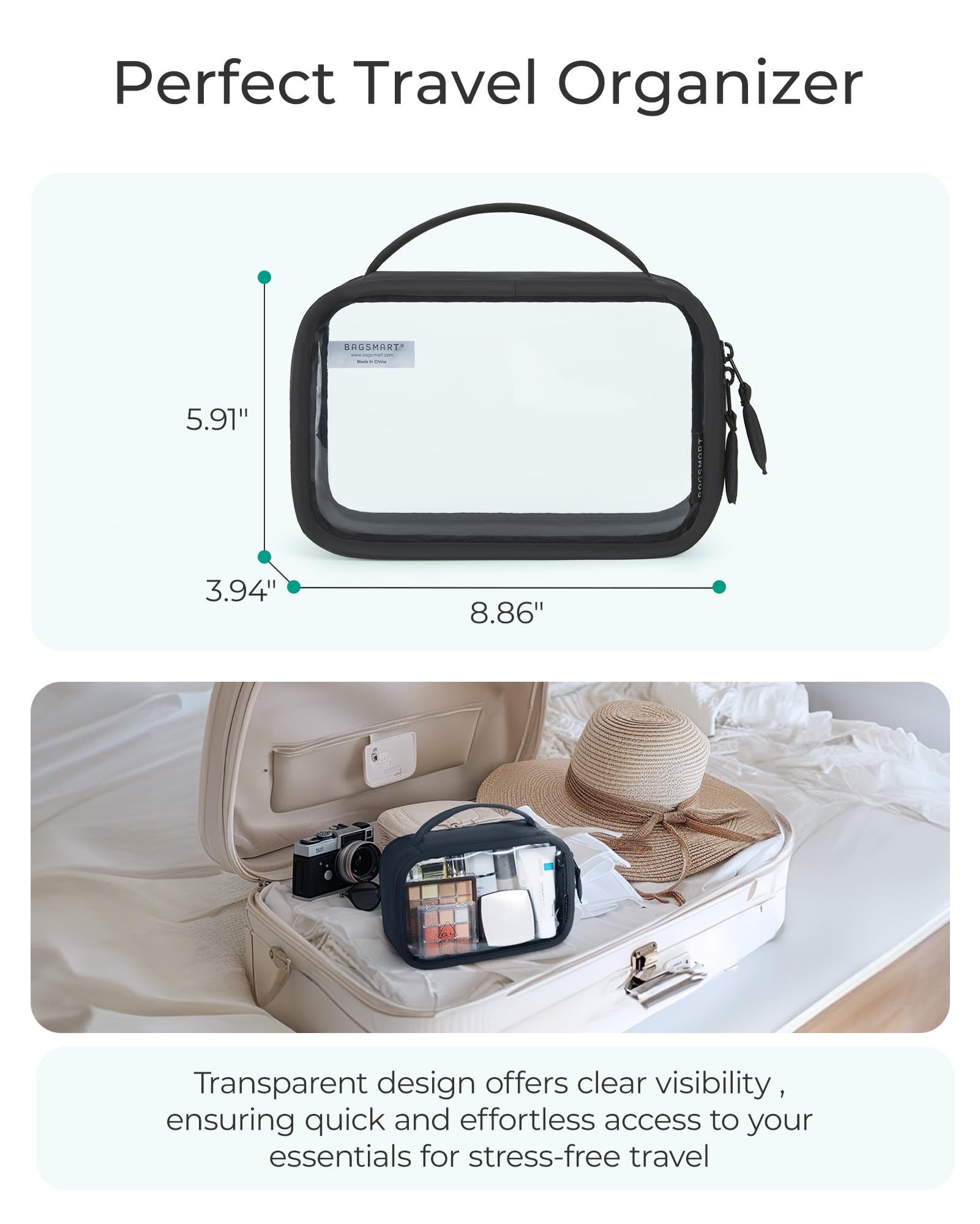 BAGSMART quart-size carry-on bag fits travel-sized toiletries efficiently.