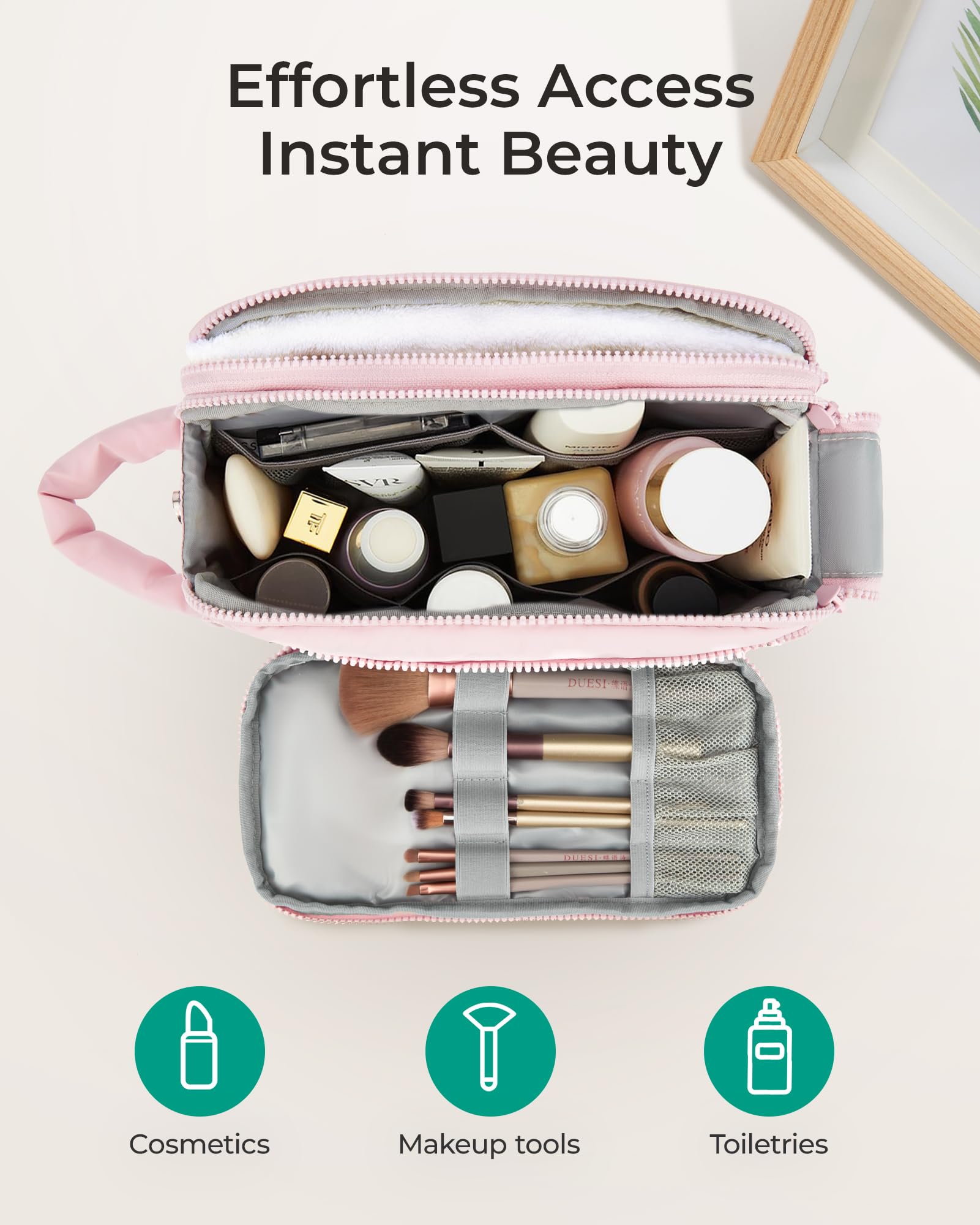 BAGSMART three compartments support versatile use as makeup or toiletry bag.