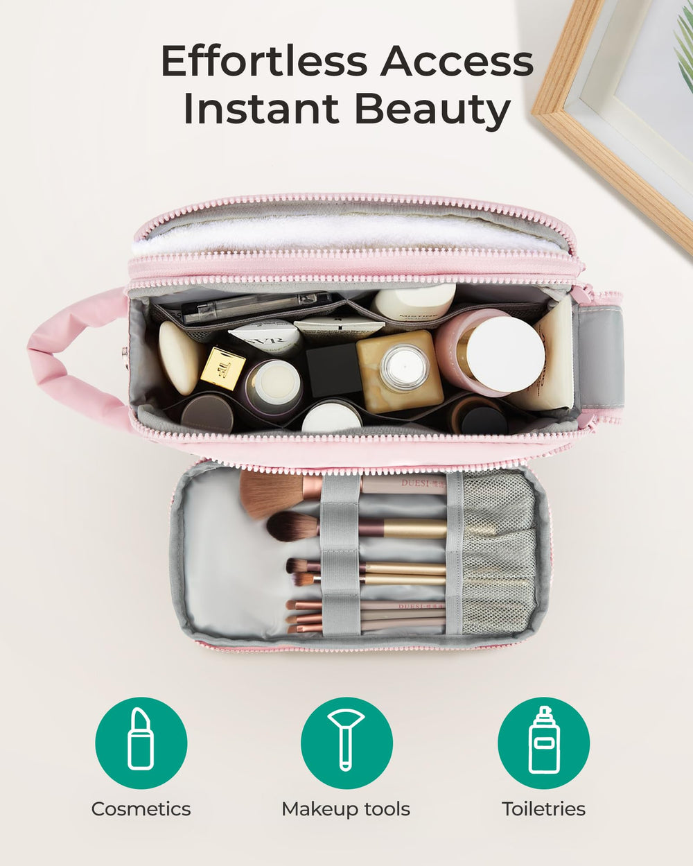 BAGSMART three compartments support versatile use as makeup or toiletry bag.