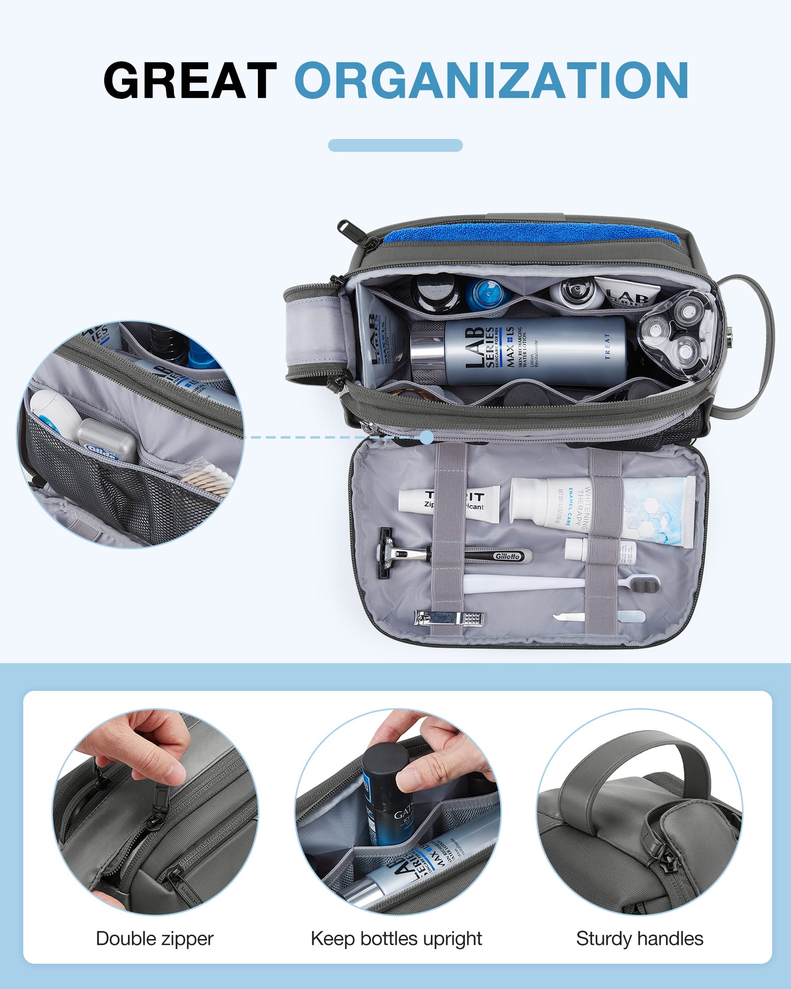 BAGSMART Toiletry Bag back panel lays flat for easy organization