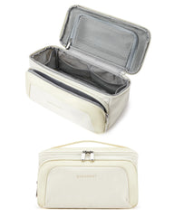 Bagsmart toiletry bag beige with leather trims offers elegant travel organization.