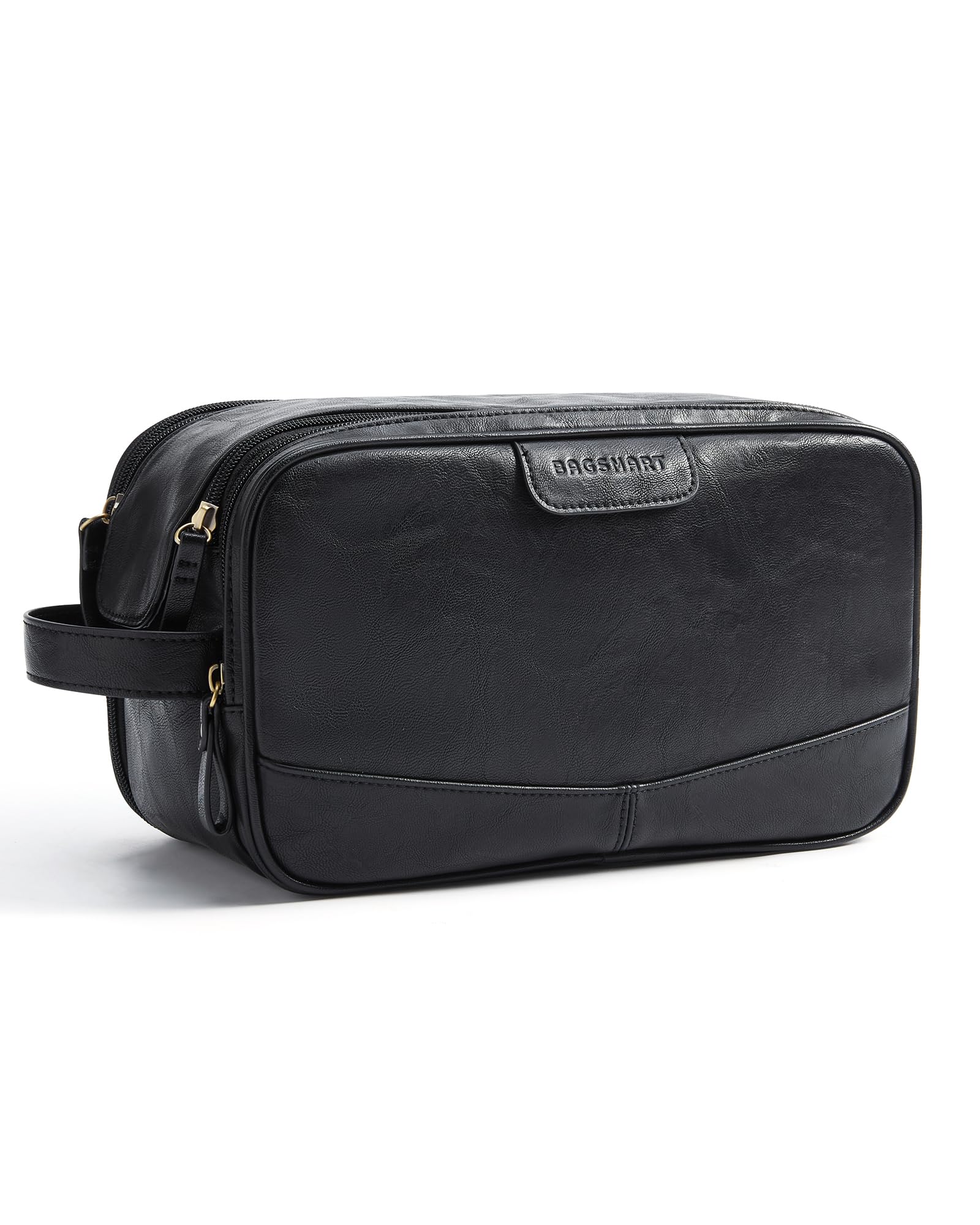 BAGSMART Toiletry bag black front view with polished PU leather for travel style.