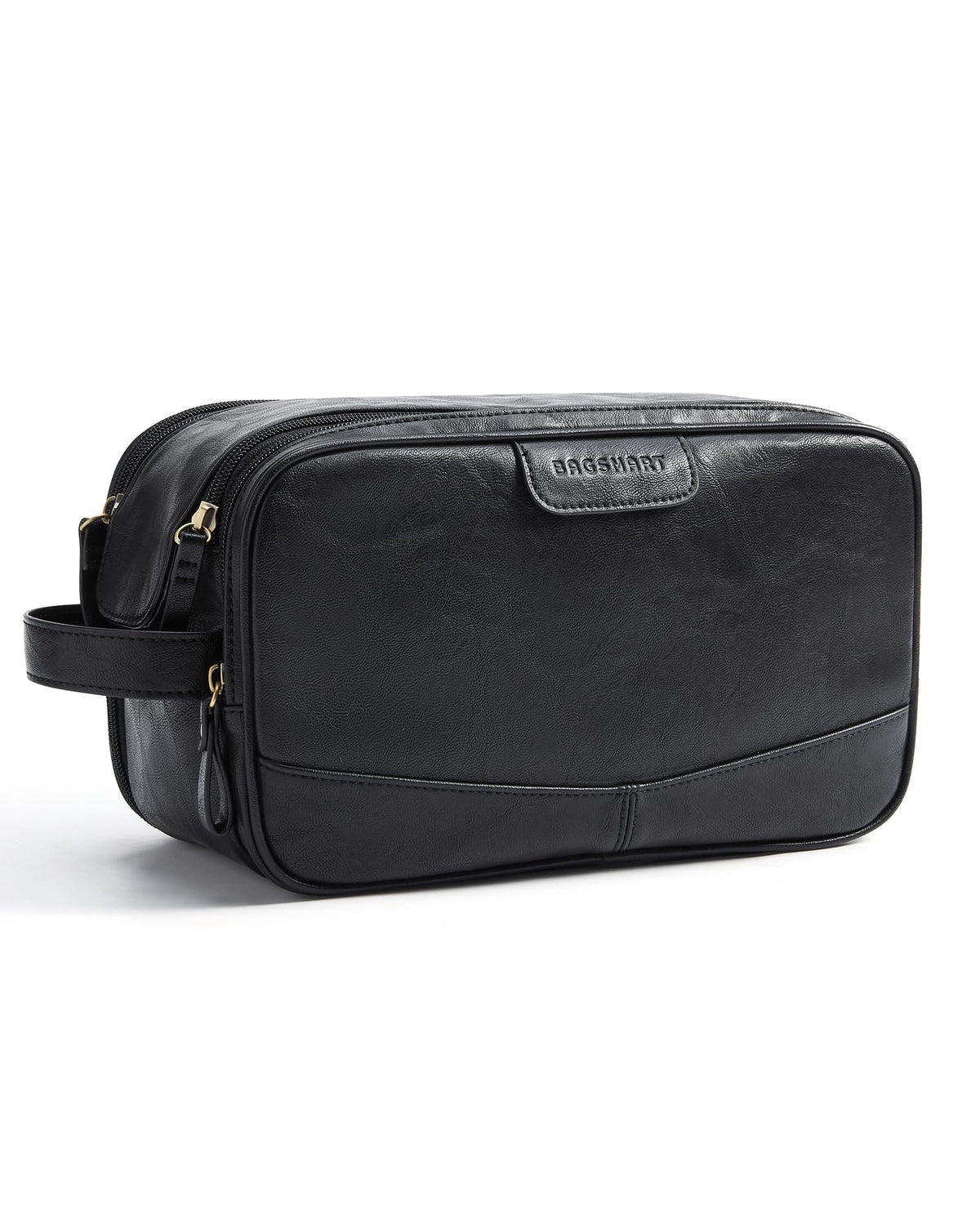 BAGSMART Toiletry bag black front view with polished PU leather for travel style.