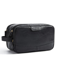 BAGSMART Toiletry bag black front view with polished PU leather for travel style.