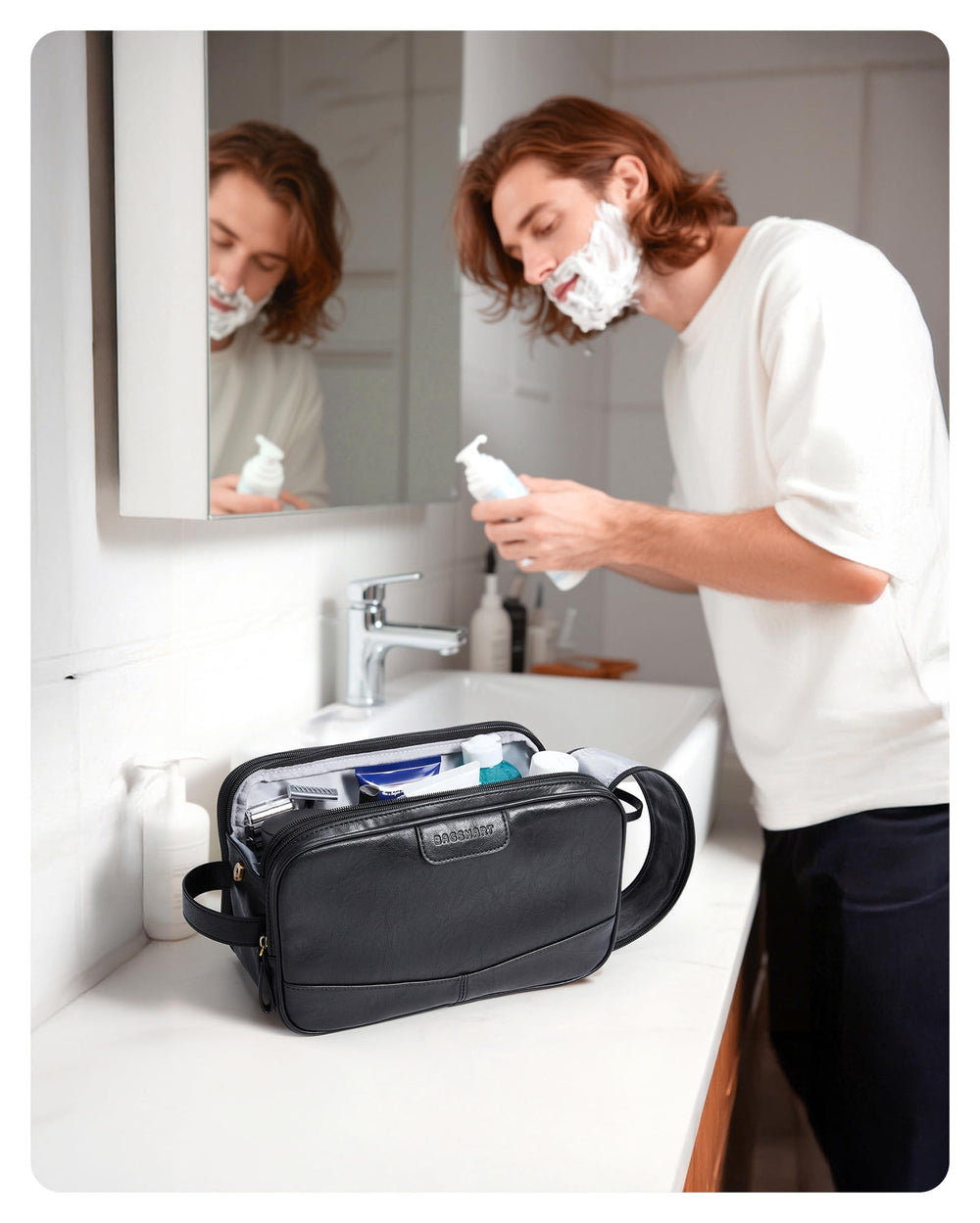 BAGSMART Toiletry bag black side view showing easy-access storage pockets.