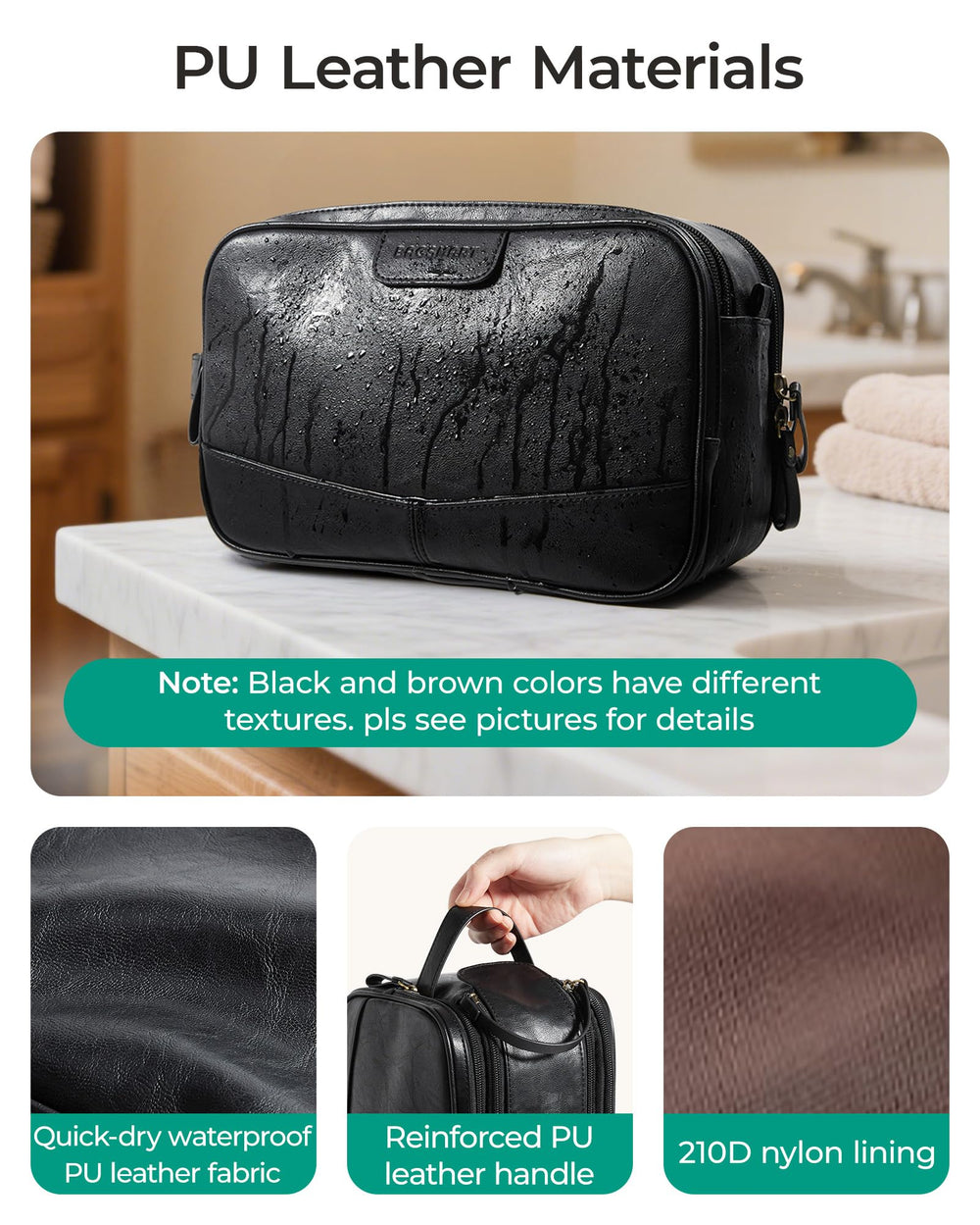 BAGSMART brown Dopp kit with soft matte PU leather ideal for everyday trips.