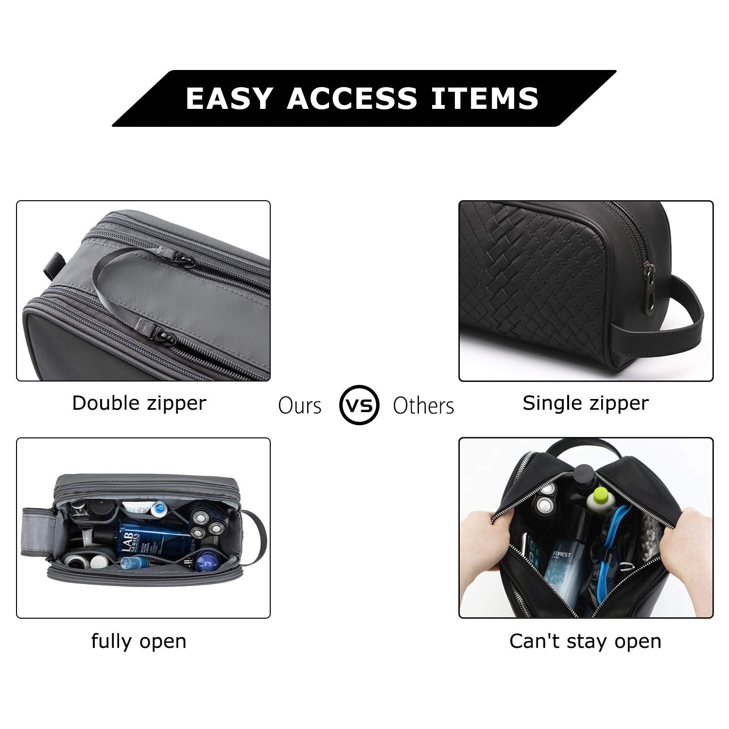 BAGSMART toiletry bag dual zipper design for quick, secure access.