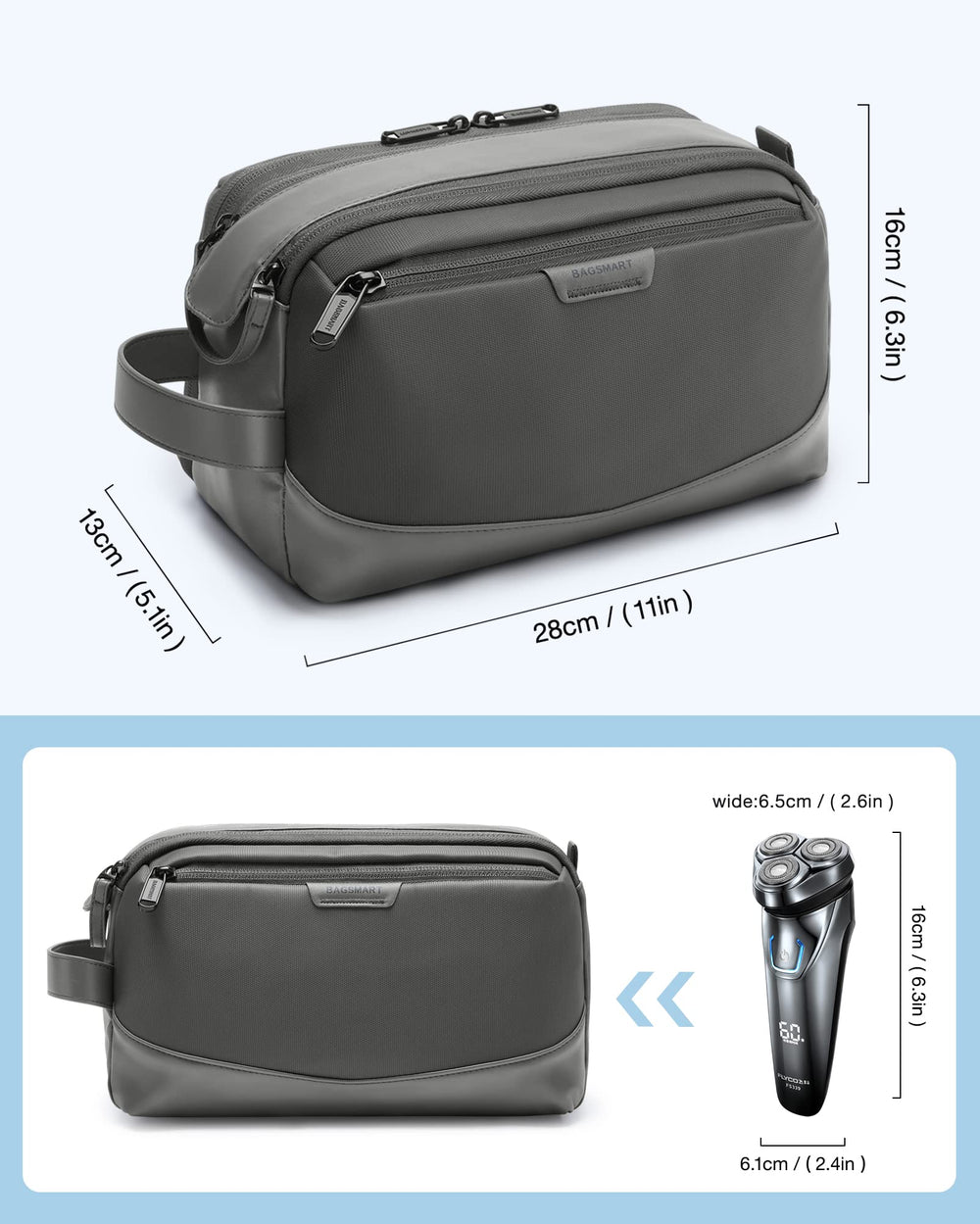 BAGSMART Toiletry Bag front pocket separates wet items for quick cleanup