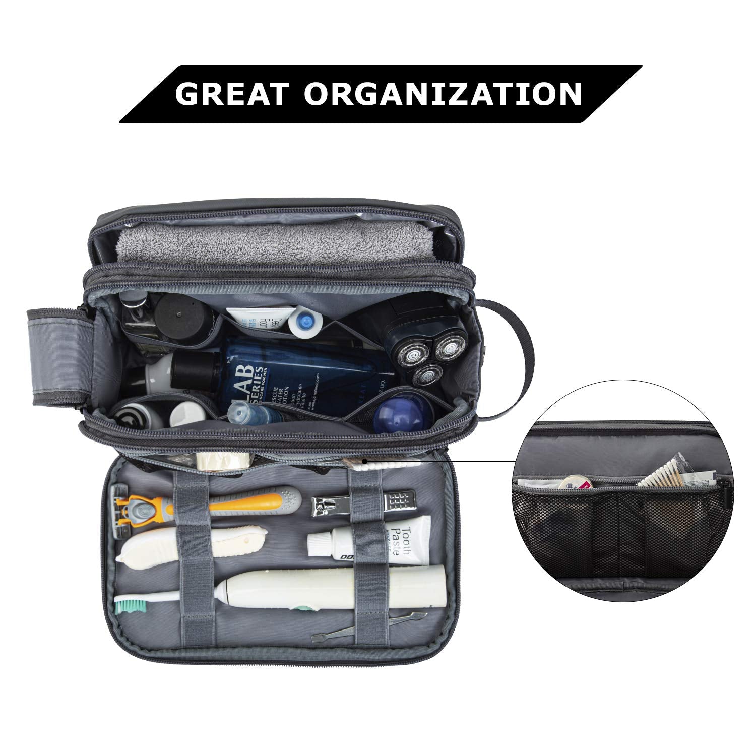 BAGSMART toiletry bag front waterproof pocket keeps wet items separated.
