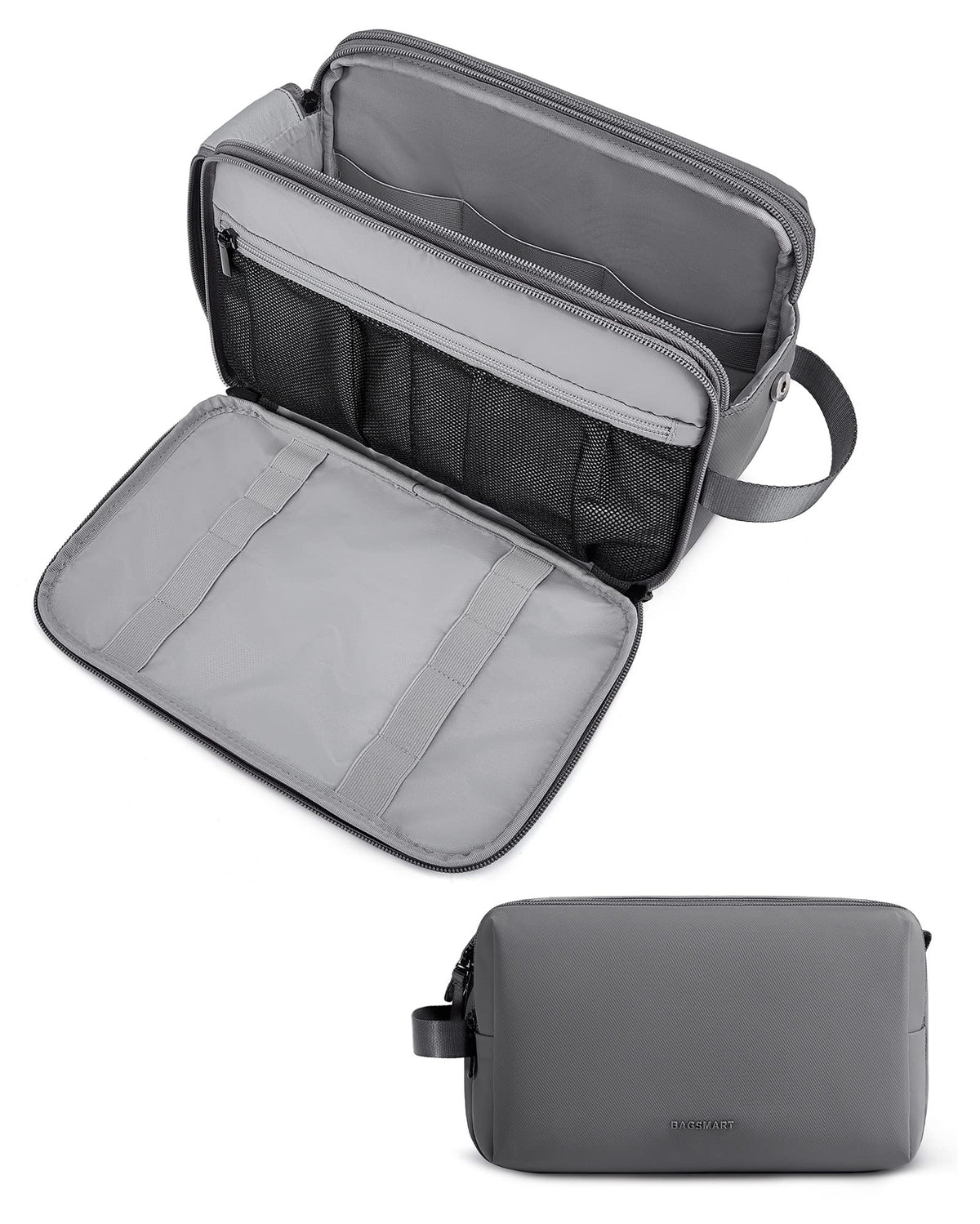 BAGSMART toiletry bag gray large front view showing spacious main compartment for organized toiletries.