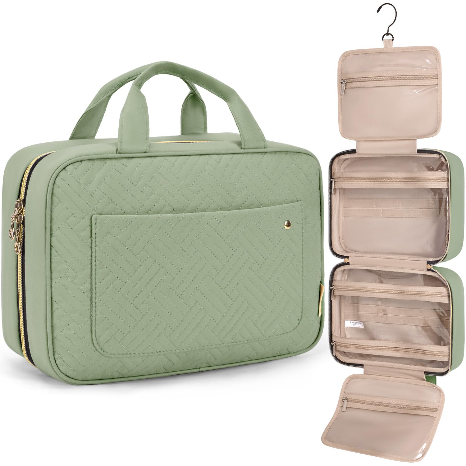 BAGSMART toiletry bag green medium hanging shows hands-free access and organized packing on trips.