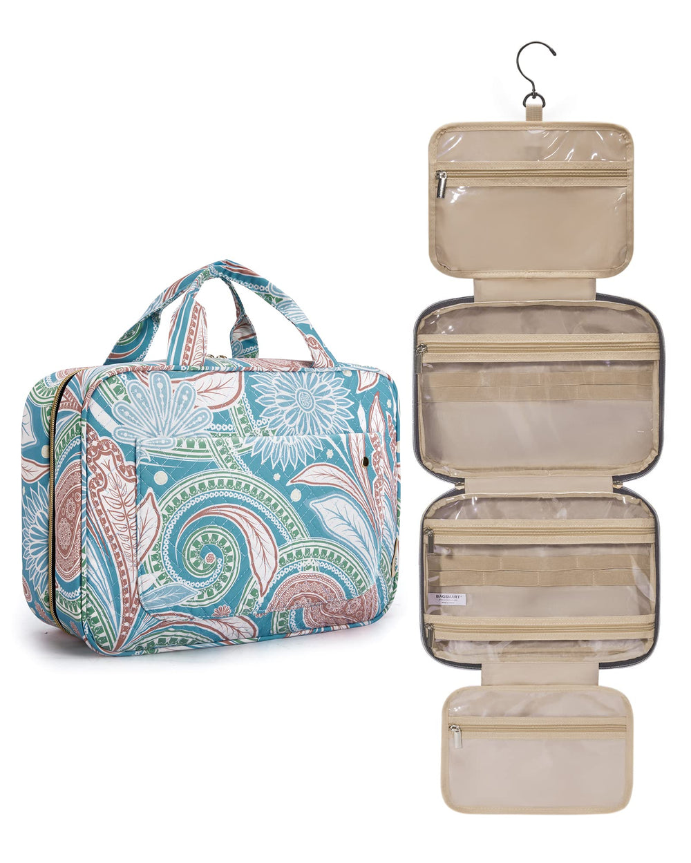 BAGSMART toiletry bag green paisley folded for compact travel organization.