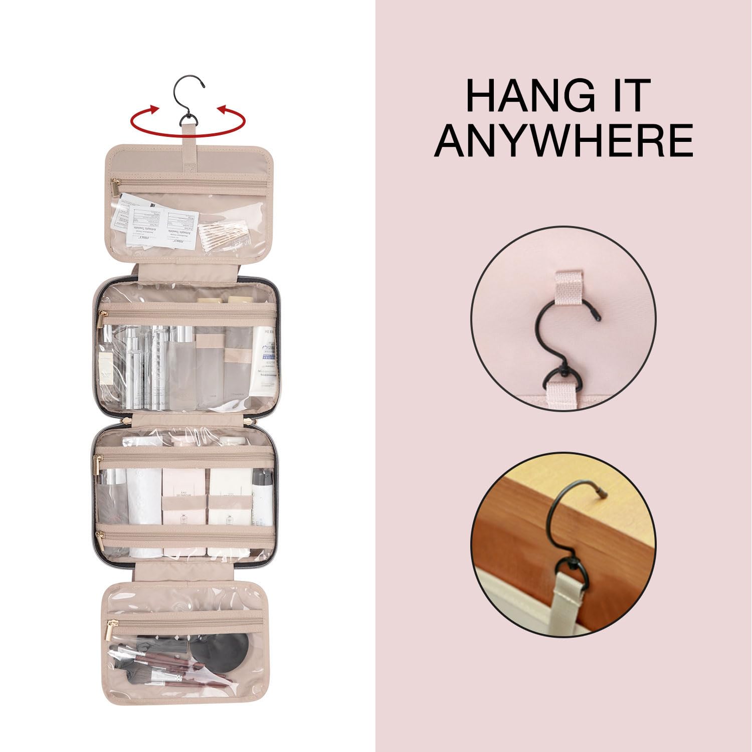 BAGSMART toiletry bag with 360-degree hanging hook for hands-free use.