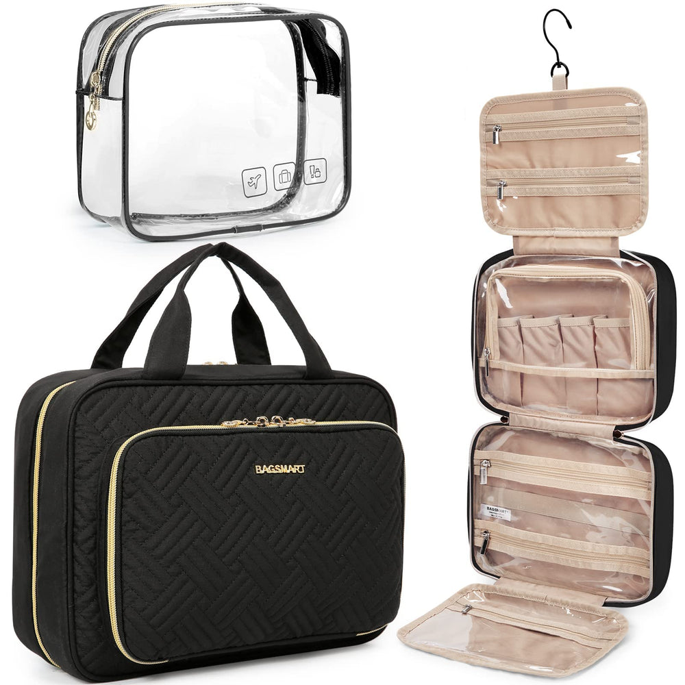 BAGSMART toiletry bag hanging hook demonstrates hands-free travel organization