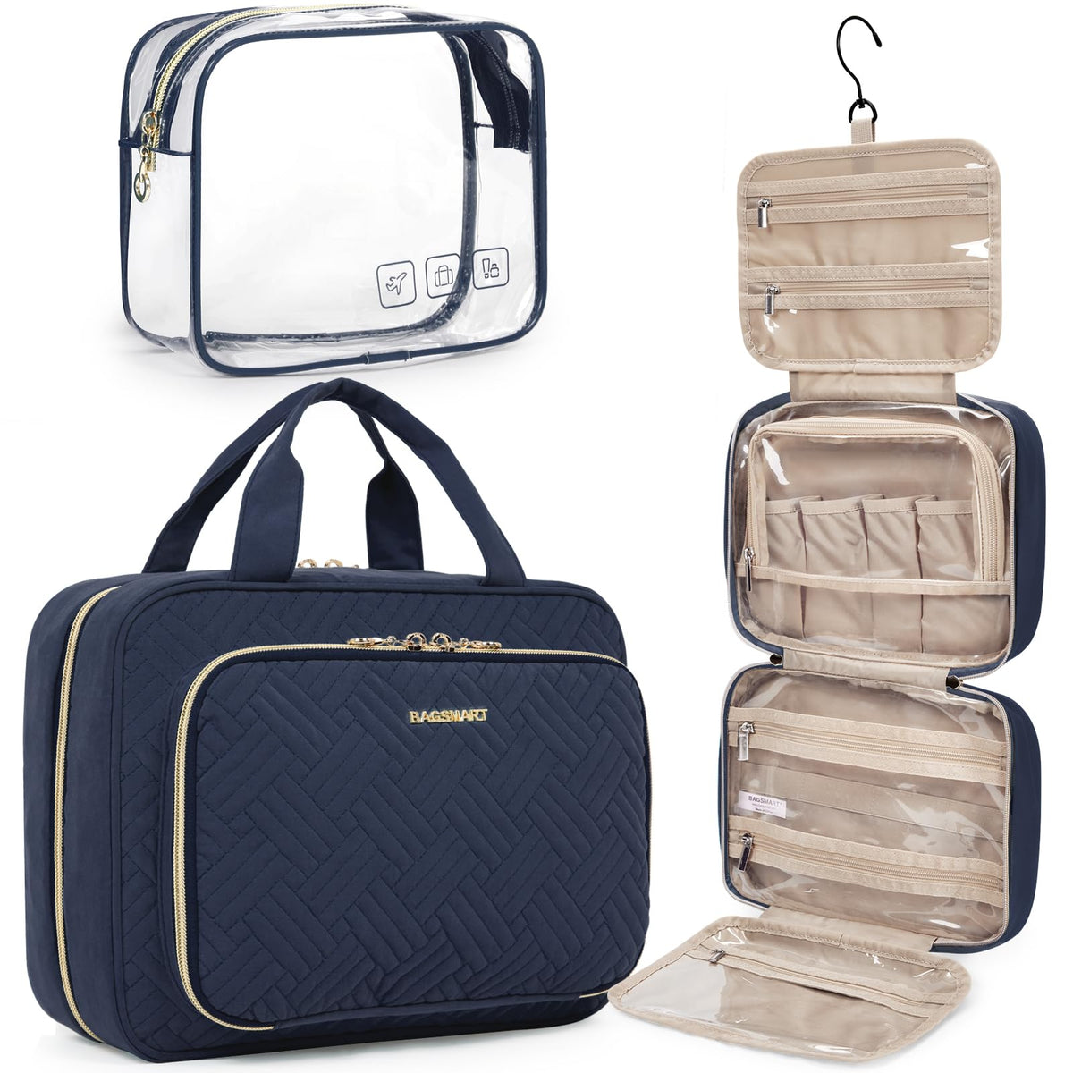 BAGSMART Toiletry Bag Hanging Medium Navy, rolled layout shows spacious packing for full-sized toiletries.