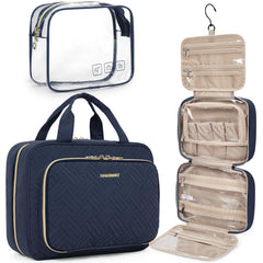 BAGSMART Toiletry Bag Hanging Medium Navy, rolled layout shows spacious packing for full-sized toiletries.