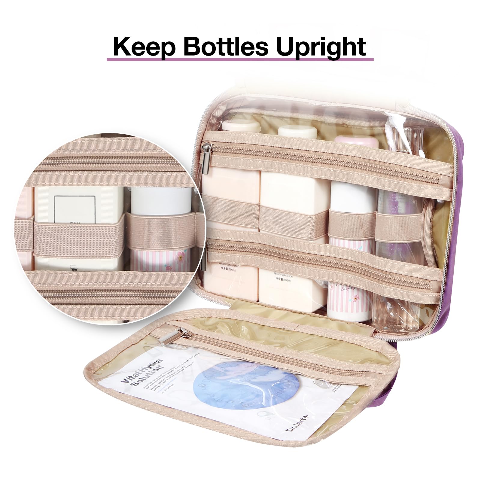 BAGSMART Toiletry Bag interior with elastic pockets keeps bottles upright