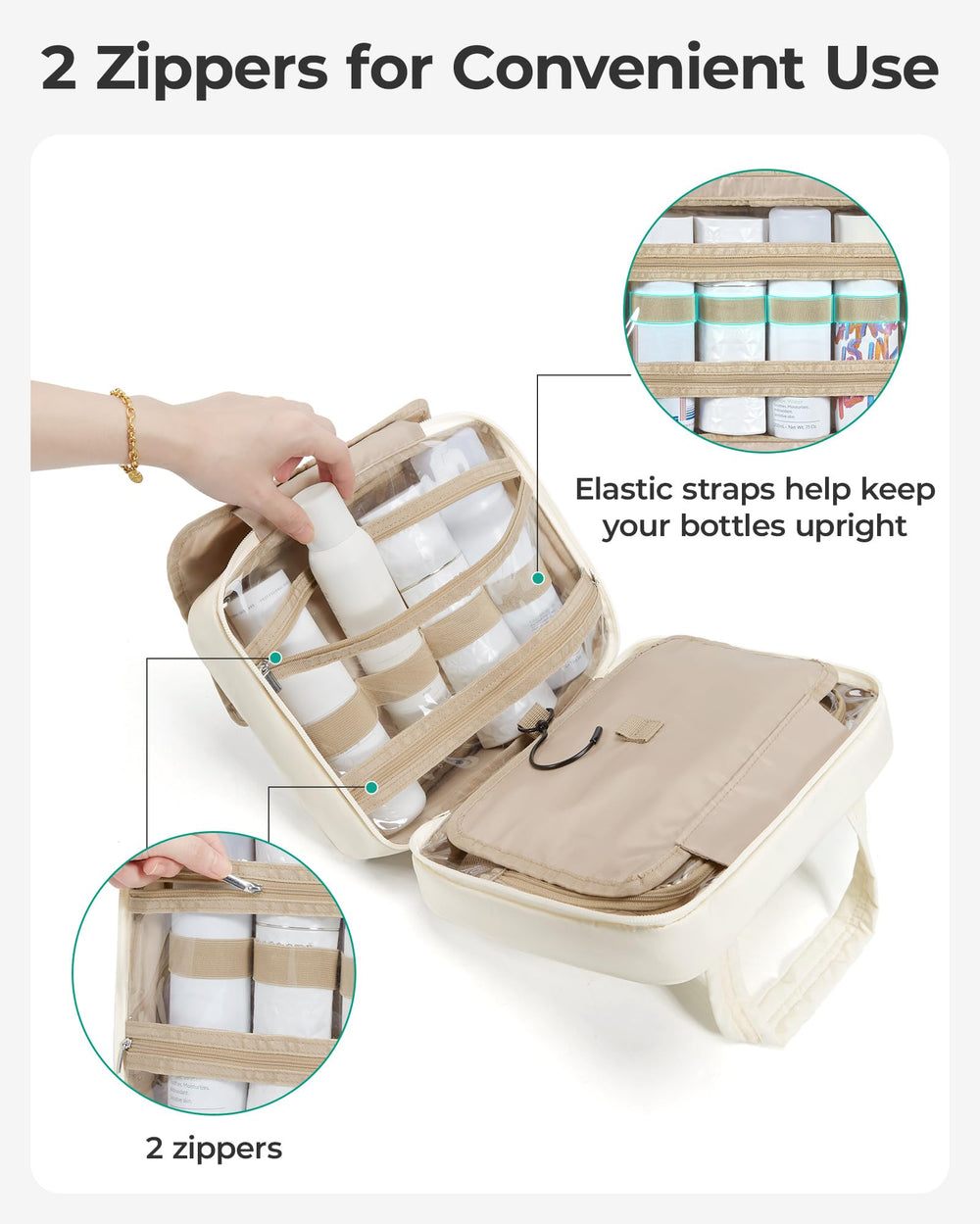BAGSMART toiletry bag interior design elastic straps keeps bottles upright and stable