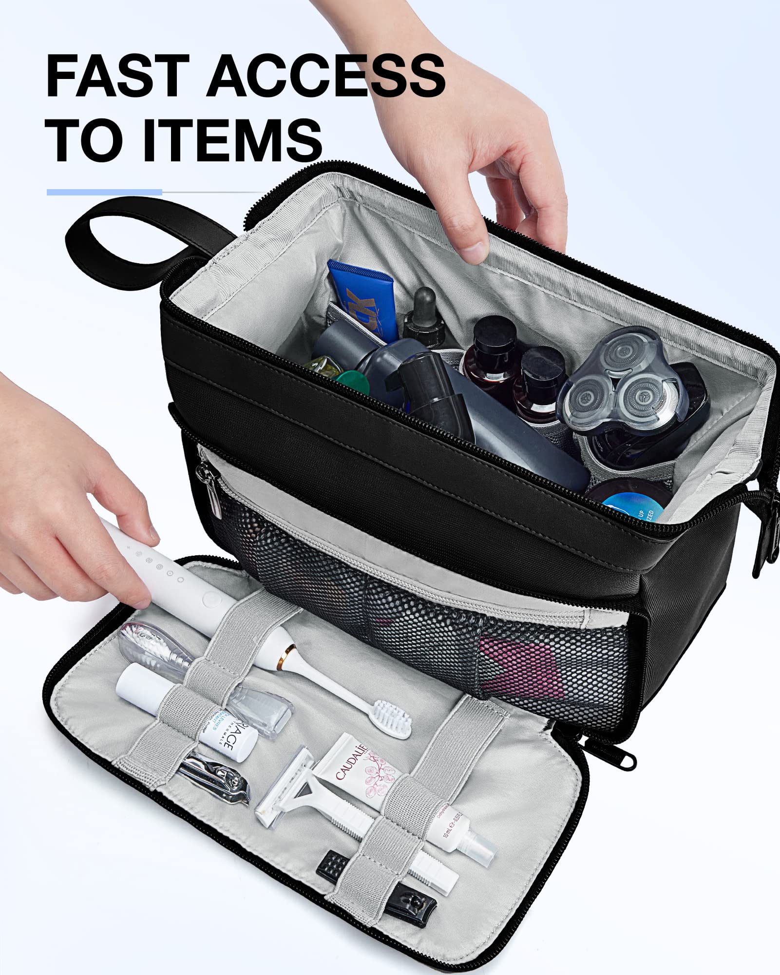 BagSmart Toiletry Bag interior pockets illustrating skincare bottles and grooming tools storage.