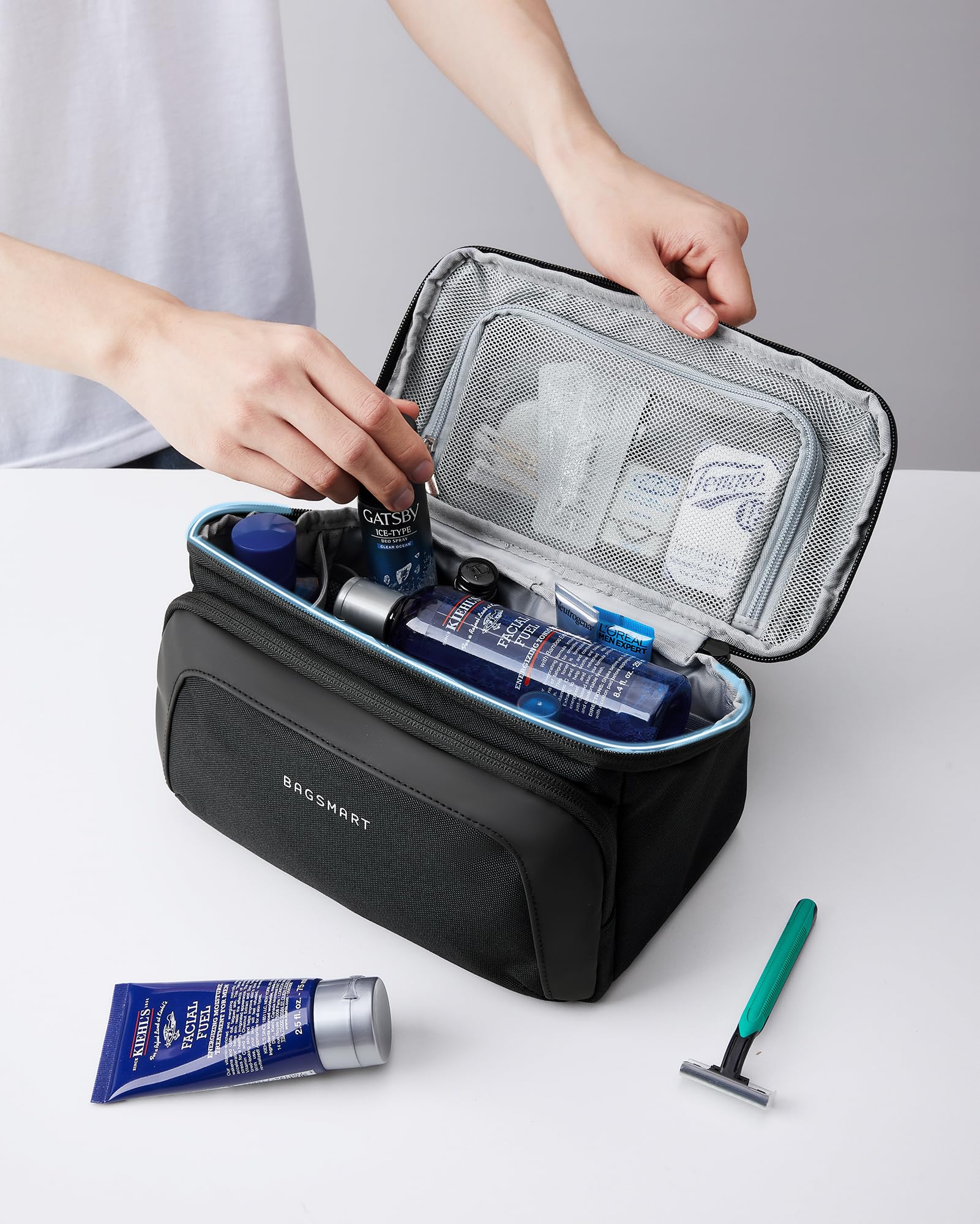 Bagsmart toiletry bag features a lay-flat opening for easy access to contents.