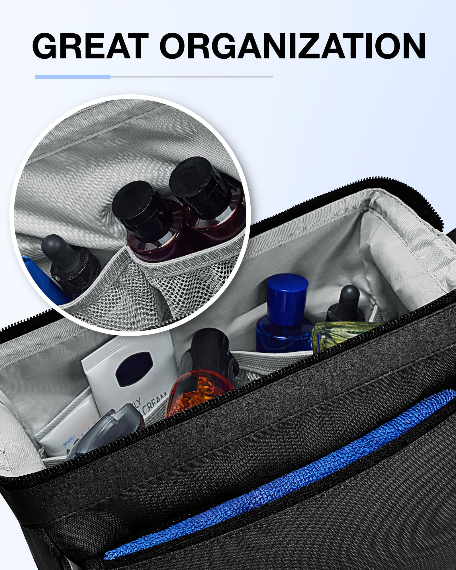 BagSmart Toiletry Bag leather handle detail for secure carrying during travel.