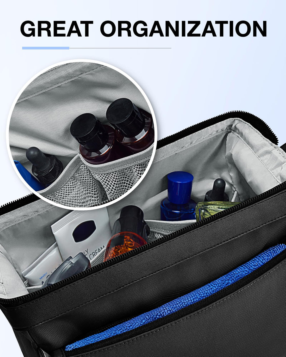 BagSmart Toiletry Bag leather handle detail for secure carrying during travel.