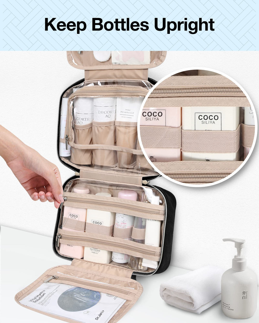 BAGSMART Toiletry Bag main compartments hold bottles upright.