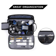 BAGSMART toiletry bag interior in black with elastic straps keeps bottles upright during trips.