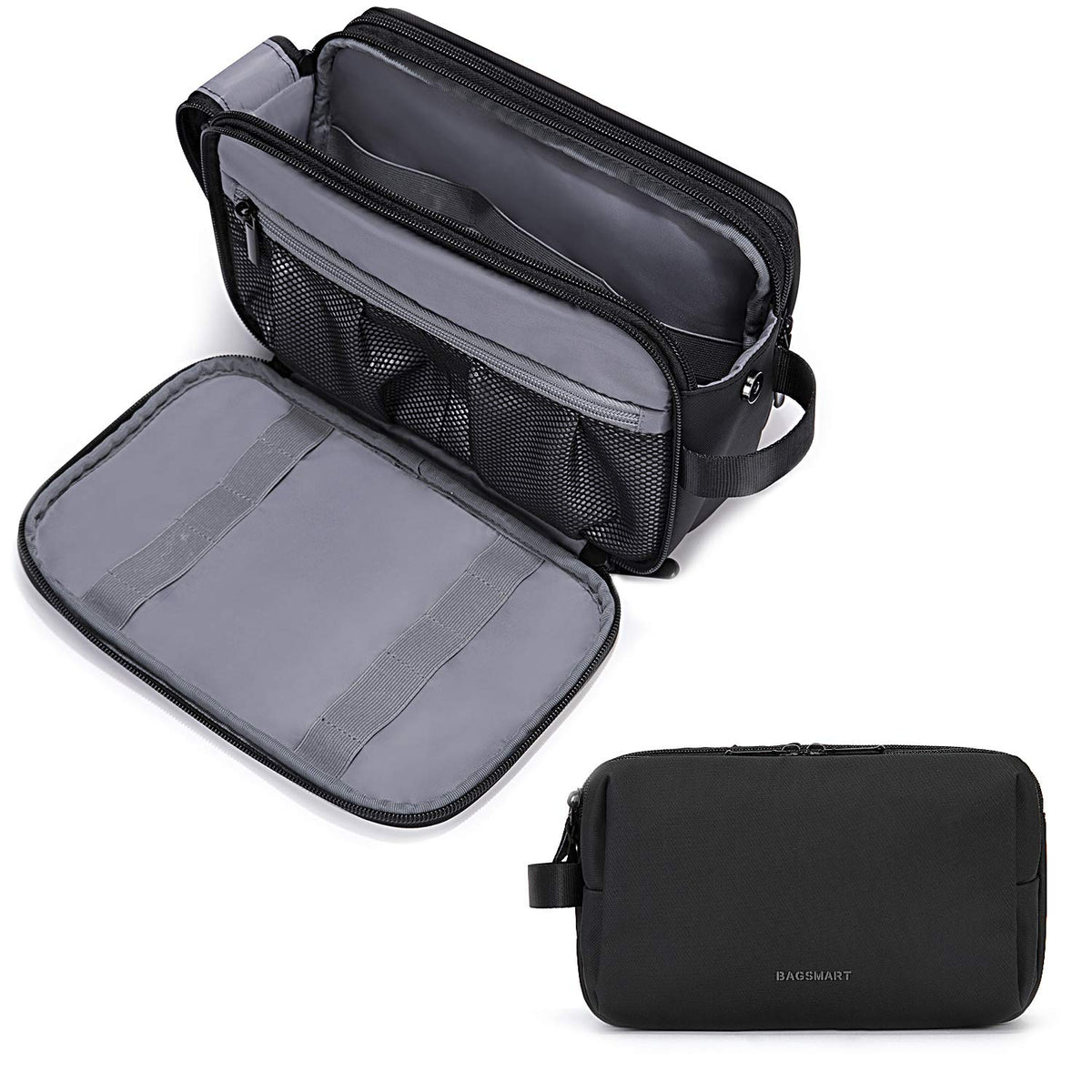 BAGSMART toiletry bag large black front view shows water resistance and ample capacity for travel.